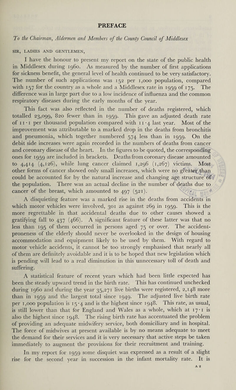 PREFACE To the Chairman, Aldermen and Members of the County Council of Middlesex SIR, LADIES AND GENTLEMEN, I have the honour to present my report on the state of the public health in Middlesex during i960. As measured by the number of first applications for sickness benefit, the general level of health continued to be very satisfactory. The number of such applications was 152 per 1,000 population, compared with 157 for the country as a whole and a Middlesex rate in 1959 of 175. The difference was in large part due to a low incidence of influenza and the common respiratory diseases during the early months of the year. This fact was also reflected in the number of deaths registered, which totalled 23,099, 820 fewer than in 1959. This gave an adjusted death rate of 11 -i per thousand population compared with 11-4 last year. Most of the improvement was attributable to a marked drop in the deaths from bronchitis and pneumonia, which together numbered 574 less than in 1959. On the debit side increases were again recorded in the numbers of deaths from cancer and coronary disease of the heart. In the figures to be quoted, the corresponding ones for 1959 are included in brackets. Deaths from coronary disease amounted to 4,414 (4,126), while lung cancer claimed 1,296 (1,267) victims. Most other forms of cancer showed only small increases, which were no greater than could be accounted for by the natural increase and changing age structure of the population. There was an actual decline in the number of deaths due to cancer of the breast, which amounted to 497 (521). A disquieting feature was a marked rise in the deaths from accidents in which motor vehicles were involved, 301 as against 269 in 1959. This is the more regrettable in that accidental deaths due to other causes showed a gratifying fall to 437 (466). A significant feature of these latter was that no less than 195 of them occurred in persons aged 75 or over. The accident- proneness of the elderly should never be overlooked in the design of housing accommodation and equipment likely to be used by them. With regard to motor vehicle accidents, it cannot be too strongly emphasised that nearly all of them are definitely avoidable and it is to be hoped that new legislation which is pending will lead to a real diminution in this unnecessary toll of death and suffering. A statistical feature of recent years which had been little expected has been the steady upward trend in the birth rate. This has continued unchecked during i960 and during the year 35,271 live births were registered, 2,148 more than in 1959 and the largest total since 1949. The adjusted live birth rate per 1,000 population is 15*4 and is the highest since 1948. This rate, as usual, is still lower than that for England and Wales as a whole, which at 17-1 is also the highest since 1948. The rising birth rate has accentuated the problem of providing an adequate midwifery service, both domiciliary and in hospital. The force of midwives at present available is by no means adequate to meet the demand for their services and it is very necessary that active steps be taken immediately to augment the provisions for their recruitment and training. In my report for 1959 some disquiet was expressed as a result of a slight rise for the second year in succession in the infant mortality rate. It is