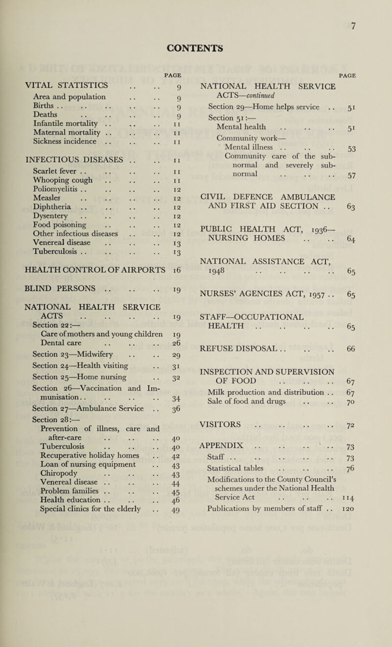 CONTENTS PAGE VITAL STATISTICS .. .. 9 Area and population .. .. 9 Births . . .. . . . . . . g Deaths .. .. .. .. g Infantile mortality . . .. .. 11 Maternal mortality .. . . . . 11 Sickness incidence .. . . . . 11 INFECTIOUS DISEASES .. .. 11 Scarlet fever .. .. .. .. 11 Whooping cough .. . . . . 11 Poliomyelitis . . .. .. . . 12 Measles .. .. .. .. 12 Diphtheria .. .. .. . . 12 Dysentery . . . . .. . . 12 Food poisoning . . . . . . 12 Other infectious diseases . . . . 12 Venereal disease .. .. .. 13 Tuberculosis .. .. .. .. 13 HEALTH CONTROL OF AIRPORTS 16 BLIND PERSONS. 19 NATIONAL HEALTH SERVICE ACTS .. .. .. .. 19 Section 22:— Care of mothers and young children 1 g Dental care .. .. .. 26 Section 23—Midwifery .. .. 29 Section 24—Health visiting .. 31 Section 25—Home nursing . . 32 Section 26—Vaccination and Im¬ munisation . . .. . . . . 34 Section 27—Ambulance Service .. 36 Section 28:— Prevention of illness, care and after-care .. . . . . 40 Tuberculosis .. .. .. 40 Recuperative holiday homes . . 42 Loan of nursing equipment .. 43 Chiropody . . . . .. 43 Venereal disease .. .. .. 44 Problem families . . . . . . 45 Health education . . .. . . 46 Special clinics for the elderly .. 49 PAGE NATIONAL HEALTH SERVICE ACTS—continued Section 29—Home helps service . . 51 Section 51:— Mental health . . .. .. 51 Community work—• Mental illness . . . . . . 53 Community care of the sub¬ normal and severely sub¬ normal . . .. .. 57 CIVIL DEFENCE AMBULANCE AND FIRST AID SECTION .. 63 PUBLIC HEALTH ACT, 1936- NURSING HOMES .. .. 64 NATIONAL ASSISTANCE ACT, 1948 65 NURSES’ AGENCIES ACT, 1957 .. 65 STAFF—OCCUPATIONAL HEALTH.65 REFUSE DISPOSAL.66 INSPECTION AND SUPERVISION OF FOOD .67 Milk production and distribution . . 67 Sale of food and drugs .. .. 70 VISITORS .72 APPENDIX.■* .. 73 Staff .. .. .. .. .. 73 Statistical tables . . .. . . 76 Modifications to the County Council’s schemes under the National Health Service Act .. .. .. 114 Publications by members of staff . . 120