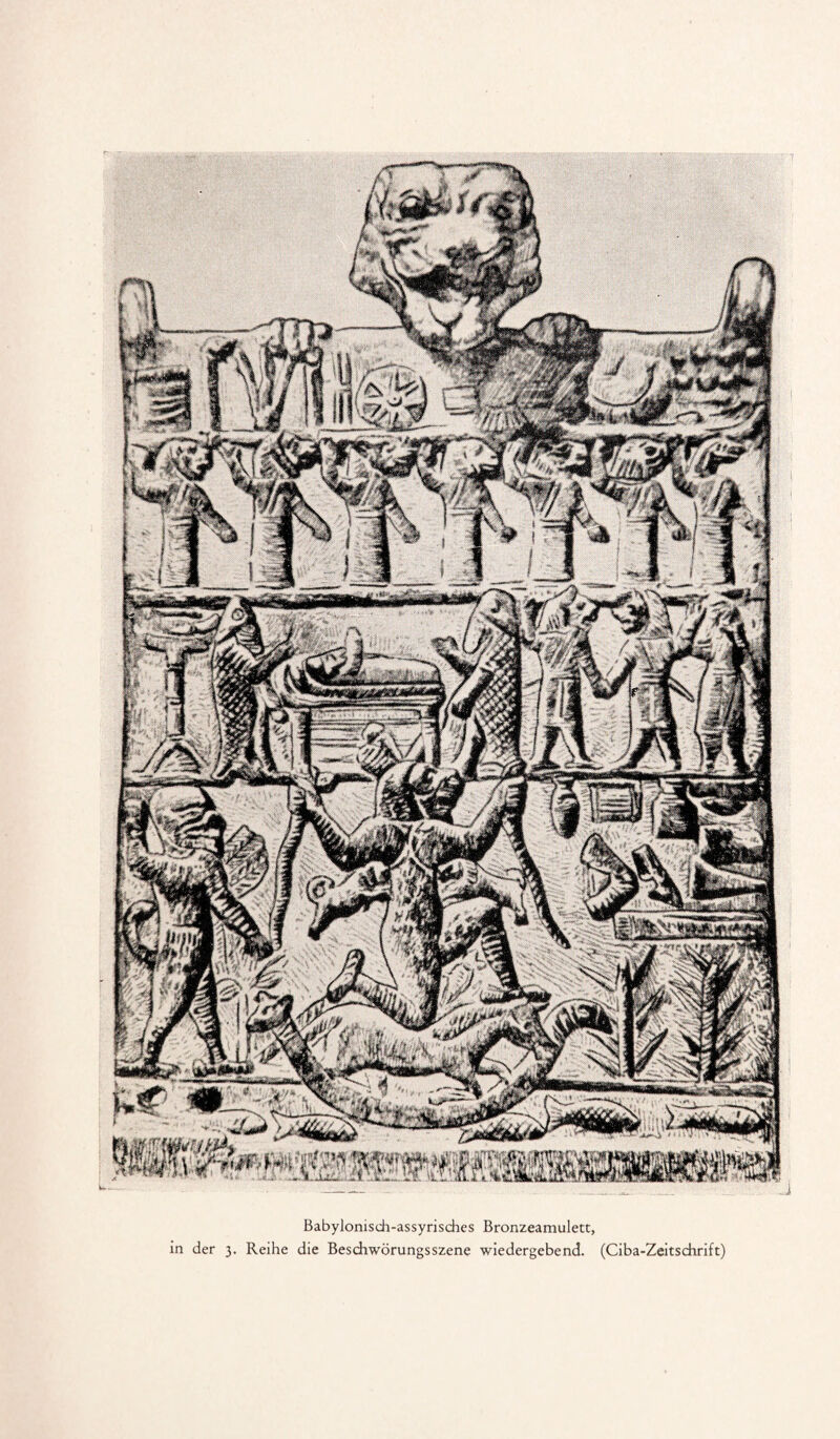 Babylonisch-assyrisches Bronzeamulett, in der 3. Reihe die Beschwörungsszene wiedergebend. (Ciba-Zeitschrift)