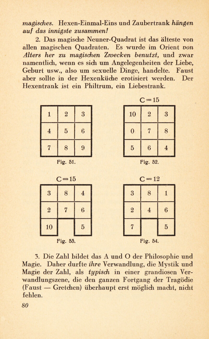 magisches. Hexen-Einmal-Eins und Zaubertrank hängen auf das innigste zusammen! 2. Das magische Neuner-Quadrat ist das älteste von allen magischen Quadraten. Es wurde im Orient von Alters her zu magischen Zwecken benutzt, und zwar namentlich, wenn es sich um Angelegenheiten der Liebe, Geburt usw., also um sexuelle Dinge, handelte. Faust aber sollte in der Hexenküche erotisiert werden. Der Hexentrank ist ein Philtrum, ein Liebestrank. 1 2 co 4 5 6 7 00 9 Fig. 51. C = 15 10 2 3 0 7 GO 5 6 4 Fig. 52. C = 15 3 00 4 2 7 6 10 5 Fig. 53. C —12 3 00 1 2 4 6 7 5 Fig. 54. 3. Die Zahl bildet das A und O der Philosophie und Magie. Daher durfte ihre Verwandlung, die Mystik und Magie der Zahl, als typisch in einer grandiosen Ver¬ wandlungszene, die den ganzen Fortgang der Tragödie (Faust — Gretdien) überhaupt erst möglich macht, nicht fehlen.