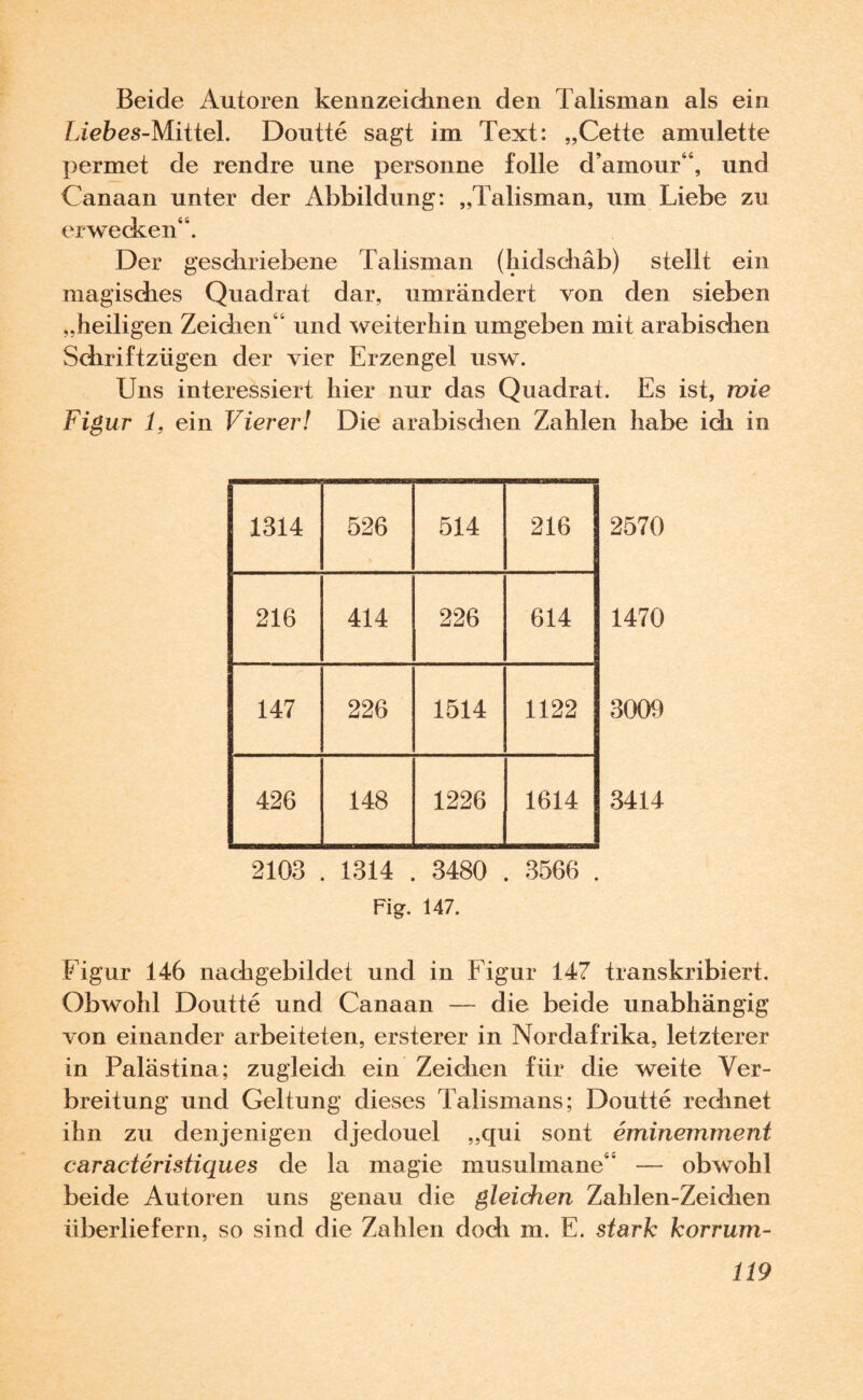 Beide Autoren kennzeichnen den Talisman als ein Liebes-Mittel. Doutte sagt im Text: „Cette amulette permet de rendre une personne folle d’amour“, und Canaan unter der Abbildung: „Talisman, um Liebe zu erwecken“. Der geschriebene Talisman (hidschäb) stellt ein magisches Quadrat dar, umrändert von den sieben „heiligen Zeichen“ und weiterhin umgeben mit arabischen Schriftziigen der vier Erzengel usw. Uns interessiert hier nur das Quadrat. Es ist, wie Figur 1, ein Vierer! Die arabischen Zahlen habe ich in 2570 1470 3009 3414 Figur 146 nachgebildet und in Figur 147 transkribiert. Obwohl Doutte und Canaan — die beide unabhängig von einander arbeiteten, ersterer in Nordafrika, letzterer in Palästina; zugleich ein Zeichen für die weite Ver¬ breitung und Geltung dieses Talismans; Doutte rechnet ihn zu denjenigen djedouel „qui sont eminemment caracteristiques de la magie musulmane“ — obwohl beide Autoren uns genau die gleichen Zaklen-Zeichen überliefern, so sind die Zahlen doch m. E. stark korrum- 1314 526 514 216 216 414 226 614 147 226 1514 1122 426 148 1226 1614 2103 . 1314 . 3480 . 3566 . Fig, 147.