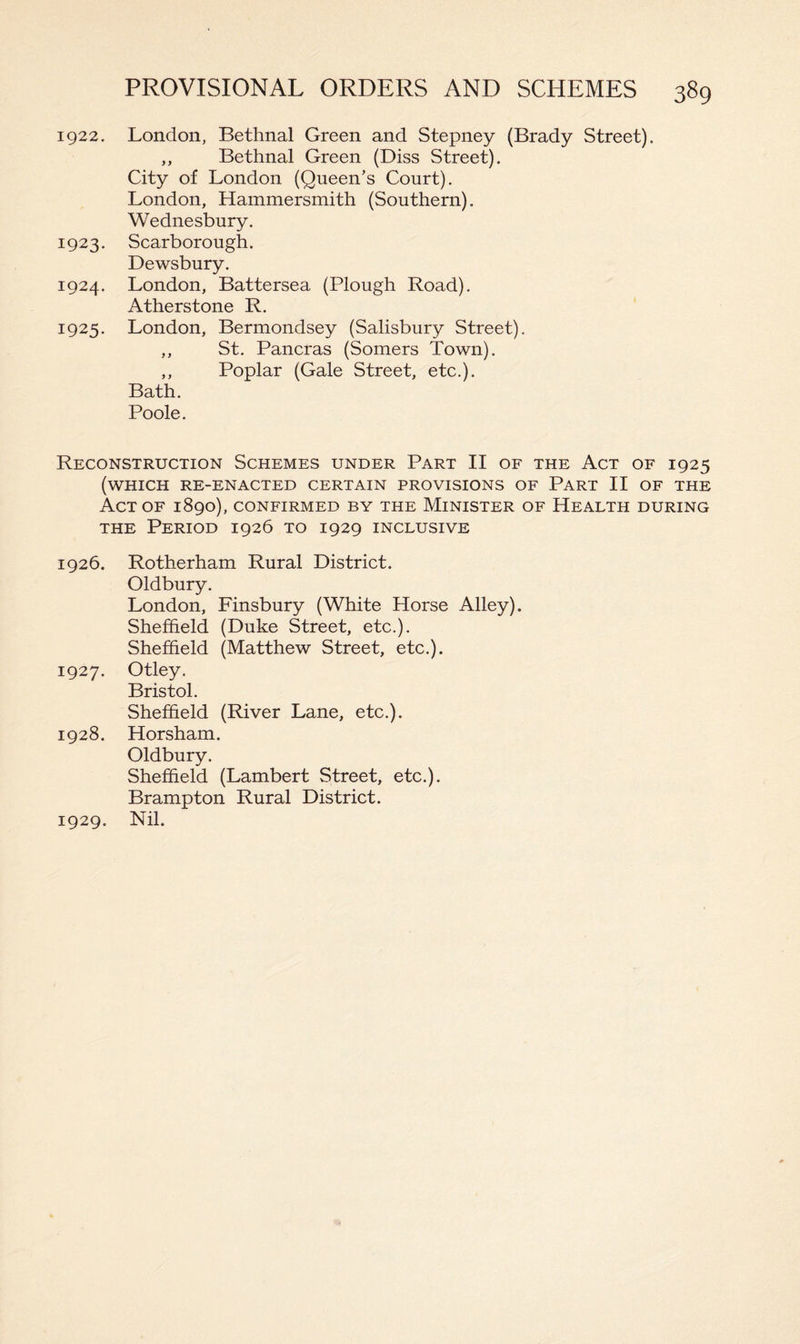 1922. London, Bethnal Green and Stepney (Brady Street). ,, Bethnal Green (Diss Street). City of London (Queen’s Court). London, Hammersmith (Southern). Wednesbury. 1923. Scarborough. Dewsbury. 1924. London, Battersea (Plough Road). Atherstone R. 1925. London, Bermondsey (Salisbury Street). ,, St. Pancras (Somers Town). ,, Poplar (Gale Street, etc.). Bath. Poole. Reconstruction Schemes under Part II of the Act of 1925 (which re-enacted certain provisions of Part II of the Act OF 1890), CONFIRMED BY THE MINISTER OF HEALTH DURING the Period 1926 to 1929 inclusive 1926. Rotherham Rural District. Oldbury. London, Finsbury (White Horse Alley). Sheffield (Duke Street, etc.). Sheffield (Matthew Street, etc.). 1927. Otley. Bristol. Sheffield (River Lane, etc.). 1928. Horsham. Oldbury. Sheffield (Lambert Street, etc.). Brampton Rural District. 1929. Nil.