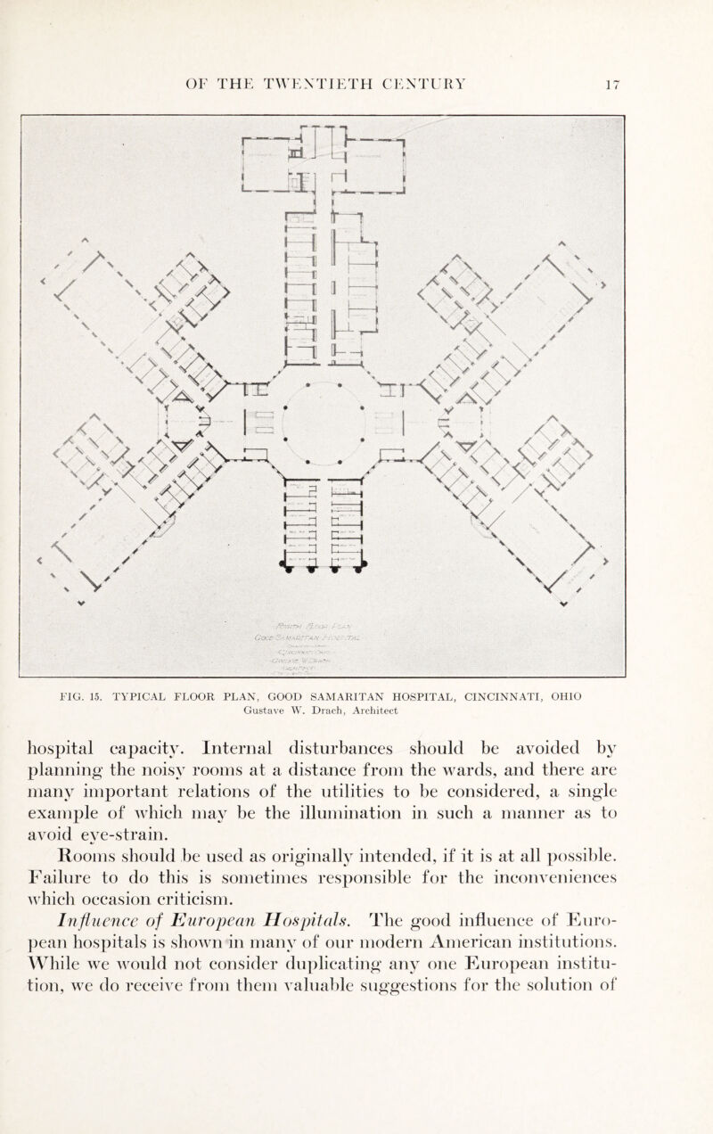 € FIG. 15. TYPICAL FLOOR PLAN, GOOD SAMARITAN HOSPITAL, CINCINNATI, OHIO Gustave W. Drach, Architect hospital capacity. Internal disturbances should be avoided by planning the noisy rooms at a distance from the wards, and there are many important relations of the utilities to be considered, a single example of which may be the illumination in such a manner as to avoid eve-strain. Rooms should be used as originally intended, if it is at all possible. Failure to do this is sometimes responsible for the inconveniences which occasion criticism. Influence of European Hospitals. The good influence of Euro¬ pean hospitals is shown in many of our modern American institutions. While we would not consider duplicating any one European institu¬ tion, we do receive from them valuable suggestions for the solution of