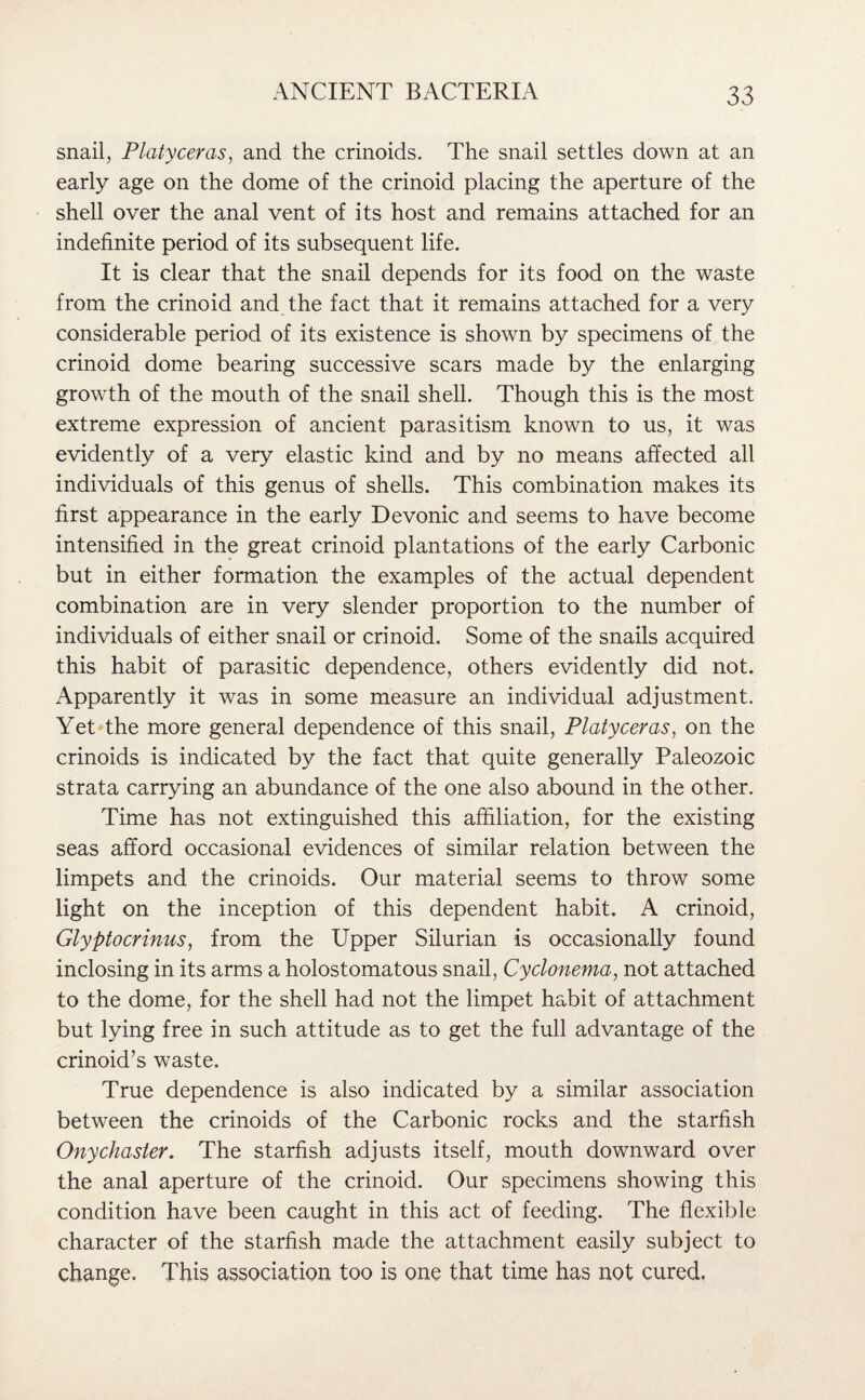 snail, Platyceras, and the crinoids. The snail settles down at an early age on the dome of the crinoid placing the aperture of the shell over the anal vent of its host and remains attached for an indefinite period of its subsequent life. It is clear that the snail depends for its food on the waste from the crinoid and the fact that it remains attached for a very considerable period of its existence is shown by specimens of the crinoid dome bearing successive scars made by the enlarging growth of the mouth of the snail shell. Though this is the most extreme expression of ancient parasitism known to us, it was evidently of a very elastic kind and by no means affected all individuals of this genus of shells. This combination makes its first appearance in the early Devonic and seems to have become intensified in the great crinoid plantations of the early Carbonic but in either formation the examples of the actual dependent combination are in very slender proportion to the number of individuals of either snail or crinoid. Some of the snails acquired this habit of parasitic dependence, others evidently did not. Apparently it was in some measure an individual adjustment. Yet the more general dependence of this snail, Platyceras, on the crinoids is indicated by the fact that quite generally Paleozoic strata carrying an abundance of the one also abound in the other. Time has not extinguished this affiliation, for the existing seas afford occasional evidences of similar relation between the limpets and the crinoids. Our material seems to throw some light on the inception of this dependent habit. A crinoid, Glyptocrinus, from the Upper Silurian is occasionally found inclosing in its arms a holostomatous snail, Cyclonema, not attached to the dome, for the shell had not the limpet habit of attachment but lying free in such attitude as to get the full advantage of the crinoid’s waste. True dependence is also indicated by a similar association between the crinoids of the Carbonic rocks and the starfish Onychaster. The starfish adjusts itself, mouth downward over the anal aperture of the crinoid. Our specimens showing this condition have been caught in this act of feeding. The flexible character of the starfish made the attachment easily subject to change. This association too is one that time has not cured.