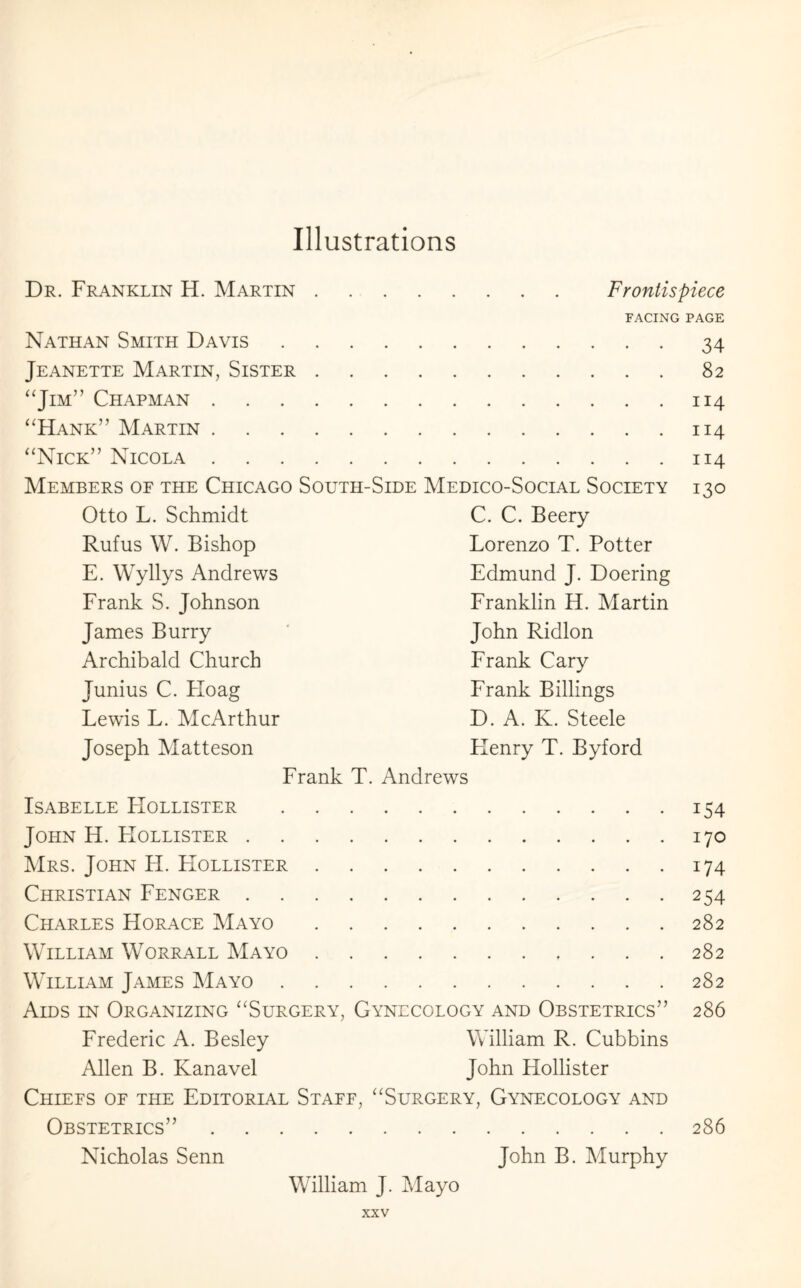 Illustrations Dr. Franklin H. Martin Frontispiece FACING PAGE 34 Nathan Smith Davis. Jeanette Martin, Sister. “Jim” Chapman. “Hank” Martin. “Nick” Nicola. Members of the Chicago South-Side Medico-Social Society Otto L. Schmidt Rufus W. Bishop E. Wyllys Andrews Frank S. Johnson James Burry Archibald Church Junius C. Hoag Lewis L. McArthur Joseph Matteson C. C. Beery Lorenzo T. Potter Edmund J. Doering Franklin H. Martin John Ridlon Frank Cary Frank Billings D. A. K. Steele Flenry T. Byford 82 114 114 114 130 Frank T. Andrews Isabelle FIollister. John H. Hollister. Mrs. John H. FIollister. Christian Fenger. Charles Horace Mayo. William Worrall Mayo. William James Mayo. Aids in Organizing “Surgery, Gynecology and Obstetrics” Frederic A. Besley William R. Cubbins Allen B. Kanavel John Hollister Chiefs of the Editorial Staff, “Surgery, Gynecology and Obstetrics”. Nicholas Senn John B. Murphy William J. Mayo I54 170 i74 254 282 282 282 286 286