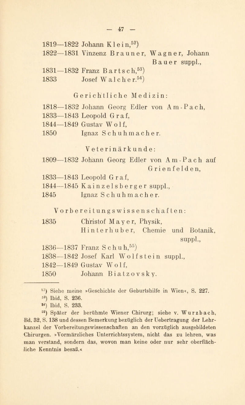 1819—1822 Johann Klei n,52) 1822—1831 Vinzenz Brauner, Wagner, Johann Bauer suppl., 1831—1832 Franz Bartsch,53) 1833 Josef W a 1 c h e r.54) Gerichtliche Medizin: 1832 Johann Georg Edler von Am-Pach, 1843 Leopold Graf, 1849 Gustav Wolf, Ignaz Schuhmacher. Veterinärkunde: 1809—1832 Johann Georg Edler von Am-Pach auf Grienfelden, 1833—1843 Leopold Graf, 1844—1845 Kainzeisberger suppl., 1845 Ignaz Sch uh mache r. Vorbereitungswissenschaften: 1835 Christof Mayer, Physik, Hinter hübe r, Chemie und Botanik, suppl., 1836—1837 Franz Schuh,55) 1838—1842 Josef Karl Wolfstein suppl., 1842—1849 Gustav Wolf, 1850 Johann Biatzovsky. 52) Siehe meine »Geschichte der Geburtshilfe in Wien«, S. 227. 53) Ibid, S. 236. **) Ibid, S. 283. 55) Später der berühmte Wiener Chirurg; siehe v. Wurzbach, Bd. 32, S. 138 und dessen Bemerkung bezüglich der Uebertragung der Lehr¬ kanzel der Vorbereitungswissenschaften an den vorzüglich ausgebildeten Chirurgen. »Vormärzliches Unterrichtssystem, nicht das zu lehren, was man verstand, sondern das, wovon man keine oder nur sehr oberfläch¬ liche Kenntnis besaß.« 1818— 1833— 1844— 1850