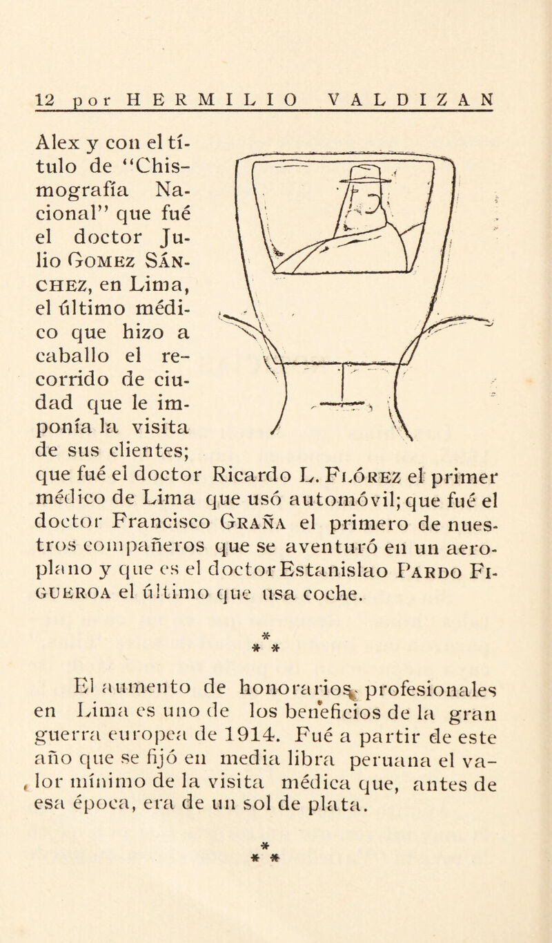 Alex y con el tí¬ tulo de “Chis¬ mografía Na- donal” que fué el doctor Ju¬ lio Gómez Sán¬ chez, en Lima, el último médi¬ co que hizo a caballo el re¬ corrido de ciu¬ dad que le im¬ ponía la visita de sus clientes; que fué el doctor Ricardo L. Fgórez el primer médico de Lima que usó automóvil; que fué el doctor Francisco Grana el primero de nues¬ tros compañeros que se aventuró en un aero¬ plano y que es el doctor Estanislao Pardo Fi- gueroa el último que usa coche. * -* # El aumento de honorario^ profesionales en Lima es uno de los beneficios de la gran guerra europea de 1914. Fué a partir de este año que se fijó en media libra peruana el va- , lor mínimo de la visita médica que, antes de esa época, era de un sol de plata. * *