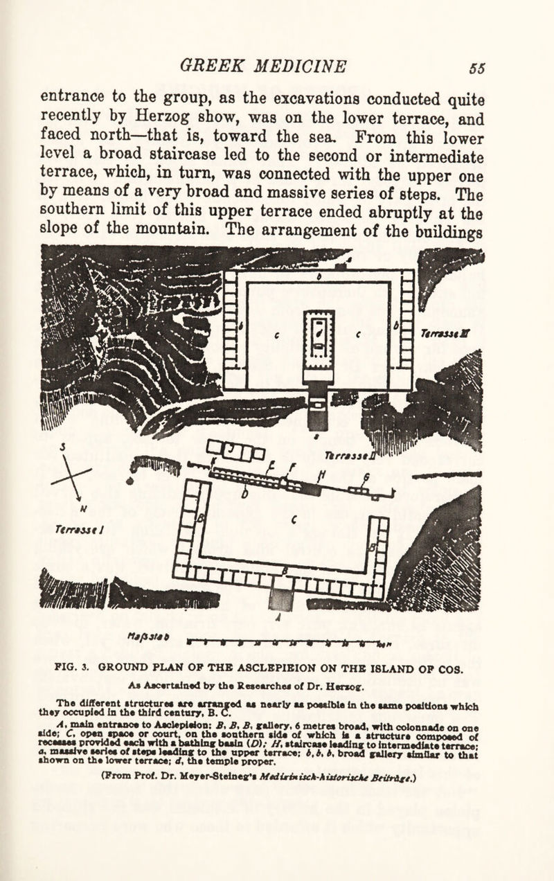 entrance to the group, as the excavations conducted quite recently by Herzog show, was on the lower terrace, and faced north—that is, toward the sea. From this lower level a broad staircase led to the second or intermediate terrace, which, in turn, was connected with the upper one by means of a very broad and massive series of steps. The southern limit of this upper terrace ended abruptly at the slope of the mountain. The arrangement of the buildings PIG. 3. GROUND PLAN OP THB ASCLBPIBION ON THE I8LAND OP COS. As Ascertain*! by the Researches of Dr. Herxog. The different structures are arranged as nearly as possible in the same positions which they occupied in the third century, B. C. A, main entrance to Asdepision: B, B, B, gallery, 6 metres broad, with colonnade on one side; c, open space or court, on the southern side of which is a structure composed of rocsssss provided each with a bathing basin (D); H% staircase leading to Intermediate terrace* a, massive series of steps leading to the upper terrace; b, b, b, broad gallery to that shown on the lower terrace; d, the temple proper. (From Prof. Dr. Meyer-Steineg’s Medixinisck~hixtoriicJu Bttir&ft.)