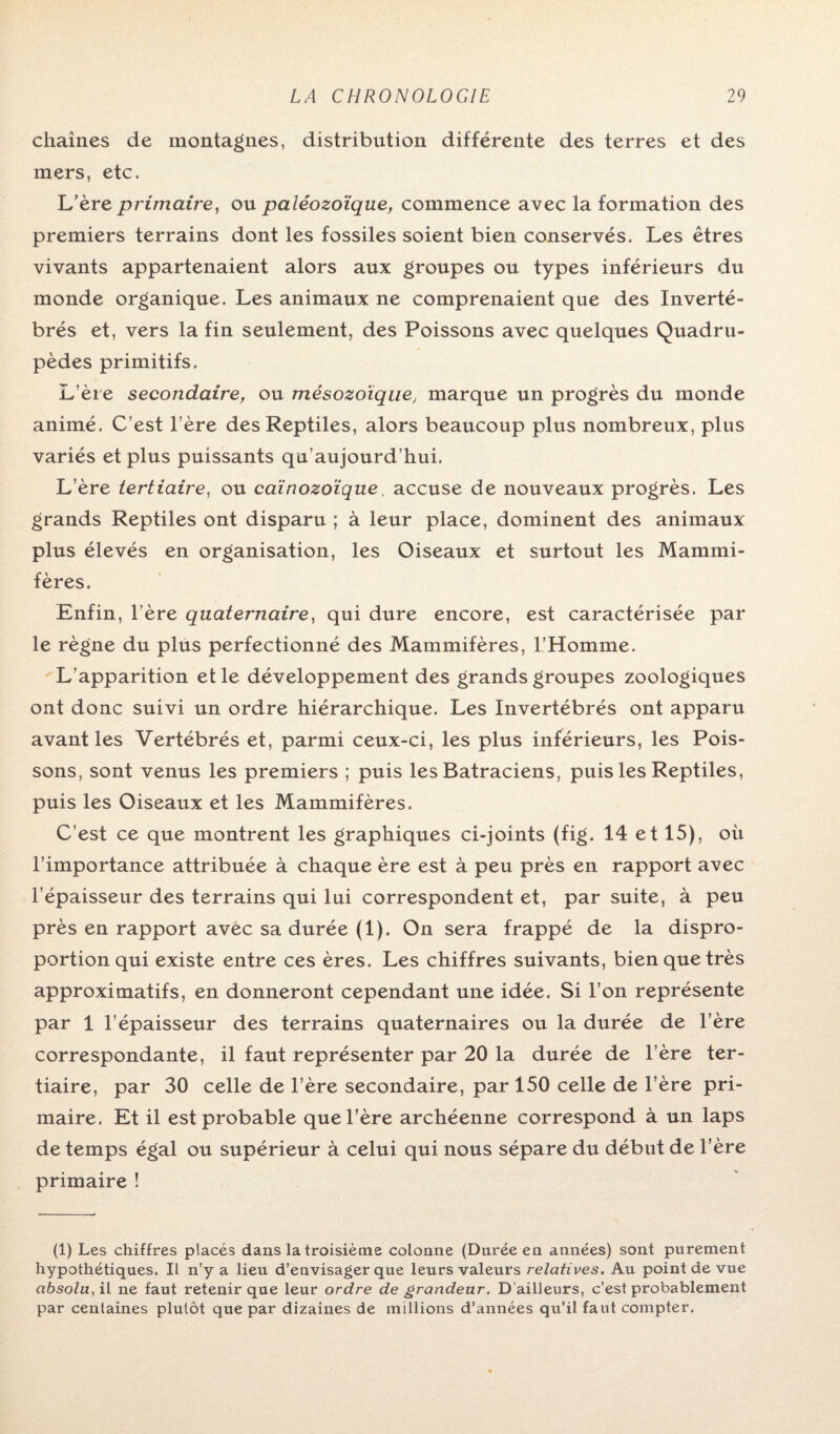 chaînes de montagnes, distribution différente des terres et des mers, etc. L’ère primaire, ou paléozoïque, commence avec la formation des premiers terrains dont les fossiles soient bien conservés. Les êtres vivants appartenaient alors aux groupes ou types inférieurs du monde organique. Les animaux ne comprenaient que des Inverté¬ brés et, vers la fin seulement, des Poissons avec quelques Quadru¬ pèdes primitifs. L’ère secondaire, ou mésozoïque, marque un progrès du monde animé. C’est 1ère des Reptiles, alors beaucoup plus nombreux, plus variés et plus puissants qu’aujourd’hui. L’ère tertiaire, ou caïnozoïque, accuse de nouveaux progrès. Les grands Reptiles ont disparu ; à leur place, dominent des animaux plus élevés en organisation, les Oiseaux et surtout les Mammi¬ fères. Enfin, 1ère quaternaire, qui dure encore, est caractérisée par le règne du plus perfectionné des Mammifères, l’Homme. L’apparition et le développement des grands groupes zoologiques ont donc suivi un ordre hiérarchique. Les Invertébrés ont apparu avant les Vertébrés et, parmi ceux-ci, les plus inférieurs, les Pois¬ sons, sont venus les premiers ; puis les Batraciens, puis les Reptiles, puis les Oiseaux et les Mammifères. C’est ce que montrent les graphiques ci-joints (fig. 14 et 15), où l’importance attribuée à chaque ère est à peu près en rapport avec l’épaisseur des terrains qui lui correspondent et, par suite, à peu près en rapport avec sa durée (1). On sera frappé de la dispro¬ portion qui existe entre ces ères. Les chiffres suivants, bien que très approximatifs, en donneront cependant une idée. Si l’on représente par 1 l’épaisseur des terrains quaternaires ou la durée de l’ère correspondante, il faut représenter par 20 la durée de 1ère ter¬ tiaire, par 30 celle de l’ère secondaire, par 150 celle de l’ère pri¬ maire. Et il est probable quel’ère archéenne correspond à un laps de temps égal ou supérieur à celui qui nous sépare du début de l’ère primaire ! (1) Les chiffres placés dans la troisième colonne (Durée en années) sont purement hypothétiques. Il n’y a Heu d’envisager que leurs valeurs relatives. Au point de vue absolu, il ne faut retenir que leur ordre de grandeur. D’ailleurs, c’est probablement par centaines plutôt que par dizaines de millions d’années qu’il faut compter.