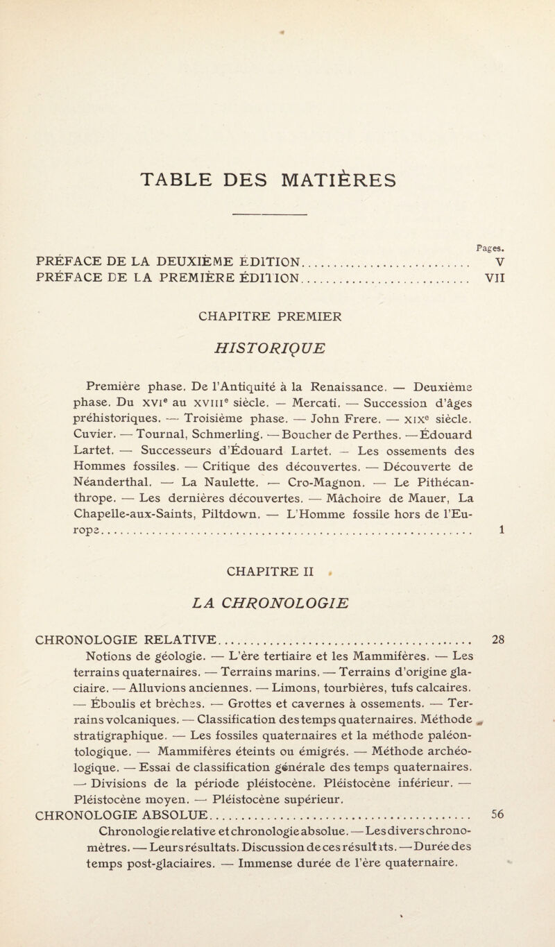 TABLE DES MATIÈRES Pages. PRÉFACE DE LA DEUXIÈME EDITION. V PRÉFACE DE LA PREMIÈRE ÉDITION. VII CHAPITRE PREMIER HISTORIQUE Première phase. De l’Antiquité à la Renaissance. — Deuxième phase. Du XVIe au XVIIIe siècle. — Mercati. — Succession d’âges préhistoriques. — Troisième phase. — John Frere. — xixe siècle. Cuvier. — Tournai, Schmerling. ■—Boucher de Perthes. —Édouard Lartet. — Successeurs d’Édouard Lartet. — Les ossements des Hommes fossiles. — Critique des découvertes. — Découverte de Néanderthal. — La Naulette. -— Cro-Magnon. •— Le Pithécan¬ thrope. — Les dernières découvertes. — Mâchoire de Mauer, La Chapelle-aux-Saints, Piltdown, — L’Homme fossile hors de l’Eu¬ rope.. 1 CHAPITRE II LA CHRONOLOGIE CHRONOLOGIE RELATIVE. 28 Notions de géologie. — L’ère tertiaire et les Mammifères. -— Les terrains quaternaires. — Terrains marins. — Terrains d’origine gla¬ ciaire. — Alluvions anciennes. — Limons, tourbières, tufs calcaires. — Éboulis et brèches. — Grottes et cavernes à ossements. — Ter¬ rains volcaniques. — Classification des temps quaternaires. Méthode stratigraphique, — Les fossiles quaternaires et la méthode paléon- tologique. — Mammifères éteints ou émigrés. — Méthode archéo¬ logique. — Essai de classification générale des temps quaternaires. —• Divisions de la période pléistocène. Pléistocène inférieur. — Pléistocène moyen. —■ Pléistocène supérieur. CHRONOLOGIE ABSOLUE. 56 Chronologierelative et chronologie absolue. — Les divers chrono¬ mètres. — Leurs résultats. Discussion de ces résuit its. — Durée des temps post-glaciaires. — Immense durée de l’ère quaternaire.