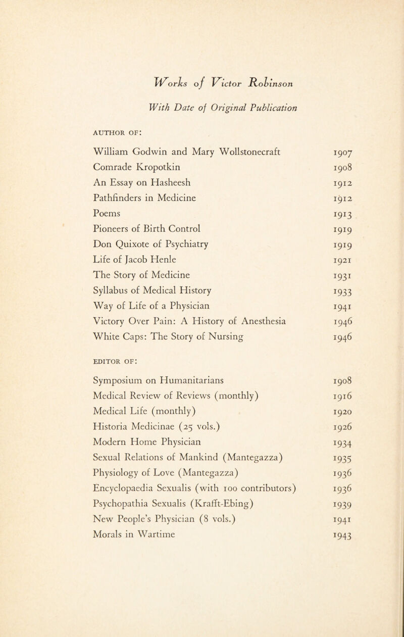 Works of Victor Robinson With Date of Original Publication AUTHOR of: William Godwin and Mary Wollstonecraft 1907 Comrade Kropotkin 1908 An Essay on Hasheesh 1912 Pathfinders in Medicine 1912 Poems 1913 Pioneers of Birth Control 1919 Don Quixote of Psychiatry 1919 Life of Jacob Henle 1921 The Story of Medicine 1931 Syllabus of Medical History 1933 Way of Life of a Physician 1941 Victory Over Pain: A History of Anesthesia 1946 White Caps: The Story of Nursing 1946 editor of: Symposium on Humanitarians 1908 Medical Review of Reviews (monthly) 1916 Medical Life (monthly) 1920 Historia Medicinae (25 vols.) 1926 Modern Home Physician 1934 Sexual Relations of Mankind (Mantegazza) 1935 Physiology of Love (Mantegazza) 1936 Encyclopaedia Sexualis (with 100 contributors) 1936 Psychopathia Sexualis (Krafit-Ebing) 1939 New People’s Physician (8 vols.) 1941 Morals in Wartime 1943