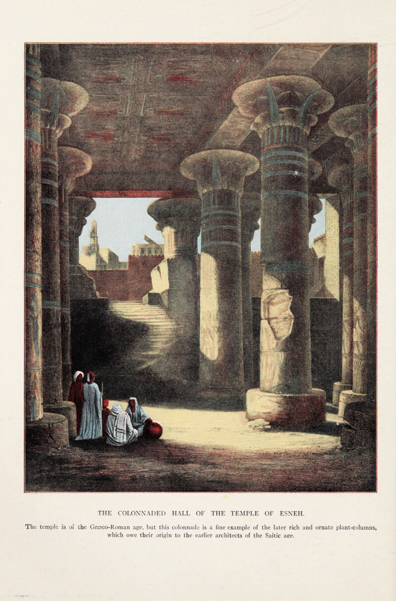 THE COLONNADED HALL OF THE TEMPLE OF ESNEH. The temple is of the Grreco-Roman age, but this colonnade is a fine example of the later rich and ornate plant-columns, which owe their origin to the earlier architects of the Saitic age.