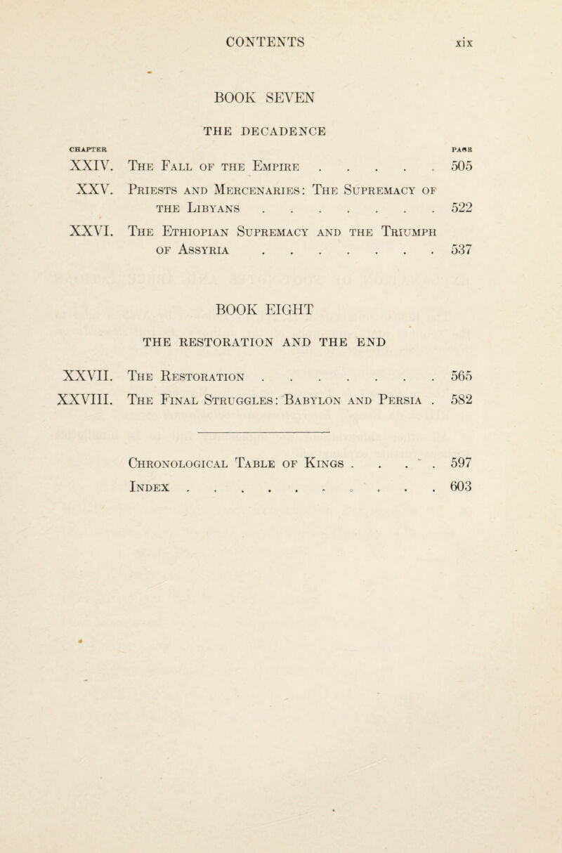 BOOK SEVEN THE DECADENCE CHAPTER XXIV. The Fall of the Empire . XXV. Priests and Mercenaries: The Supremacy of the Libyans . XXVI. The Ethiopian Supremacy and the Triumph of Assyria. BOOK EIGHT THE RESTORATION AND THE END XXVII. The Restoration. XXVIII. The Final Struggles: Babylon and Persia . Chronological Table of Kings . Index ...... o PA«R 505 522 537 565 582 597 603