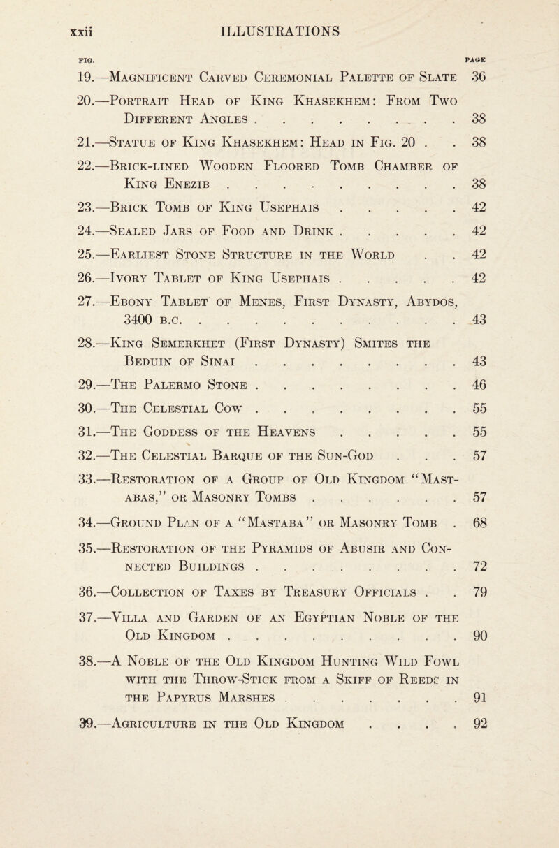 FIG. PAGE 19. —Magnificent Carved Ceremonial Palette of Slate 36 20. —Portrait Head of King Khasekhem: From Two Different Angles.38 21. —Statue of King Khasekhem: Head in Fig. 20 . .38 22. —Brick-lined Wooden Floored Tomb Chamber of King Enezib.38 23. —Brick Tomb of King Usephais.42 24. —Sealed Jars of Food and Drink.42 25. —Earliest Stone Structure in the World . . 42 26. —Ivory Tablet of King Usephais.42 27. —Ebony Tablet of Menes, First Dynasty, Abydos, 3400 b.c. ..43 28. —King Semerkhet (First Dynasty) Smites the Beduin of Sinai.43 29. —The Palermo Stone.46 30. —The Celestial Cow . 55 31. —The Goddess of the Heavens.55 32. —The Celestial Barque of the Sun-God ... 57 33. —Restoration of a Group of Old Kingdom “Mast- abas,” or Masonry Tombs ...... 57 34. —Ground Plan of a “Mastaba” or Masonry Tomb . 68 35. —Restoration of the Pyramids of Abusir and Con¬ nected Buildings.72 36. —Collection of Taxes by Treasury Officials . . 79 37. —Villa and Garden of an Egyptian Noble of the Old Kingdom.90 38. —A Noble of the Old Kingdom Hunting Wild Fowl with the Throw-Stick from a Skiff of Reedc in the Papyrus Marshes.91 39. —Agriculture in the Old Kingdom .... 92