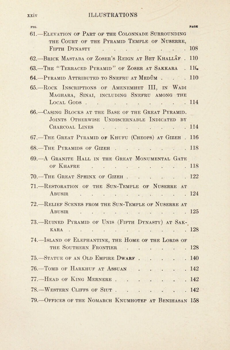 FIG. 61. —Elevation of Part of the Colonnade Surrounding the Court of the Pyramid Temple of Nuserre, Fifth Dynasty. 62. —Brick Mastaba of Zoser’s Reign at Bet Khallaf . 63. —The “Terraced Pyramid” of Zoser at Sakkara . 64. —Pyramid Attributed to Snefru at Medum . 65. —Rock Inscriptions of Amenemhet III, in Wadi Maghara, Sinai, including Snefru among the Local Gods . . . 66. —Casing Blocks at the Base of the Great Pyramid. Joints Otherwise Undiscernable Indicated by Charcoal Lines . 67. —The Great Pyramid of Khufu (Cheops) at Gizeh . 68. —The Pyramids of Gizeh. 69. —A Granite Hall in the Great Monumental Gate of Khafre. 70. —The Great Sphinx of Gizeh. 71. —Restoration of the Sun-Temple of Nuserre at Abusir. 72. —Relief Scenes from the Sun-Temple of Nuserre at Abusir. 73. —Ruined Pyramid of Unis (Fifth Dynasty) at Sak¬ kara ........... 74. —Island of Elephantine, the Home of the Lords of the Southern Frontier. 75. —Statue of an Old Empire Dwarf. 76. —Tomb of Harkhuf at Assuan. 77. —Head of King Mernere. 78. —Western Cliffs of Siut. PAGE 108 110 11L 110 114 114 116 118 118 122 124 125 128 128 140 142 142 142 79.—Offices of the Nomarch Knumhotep at Benihasan 158