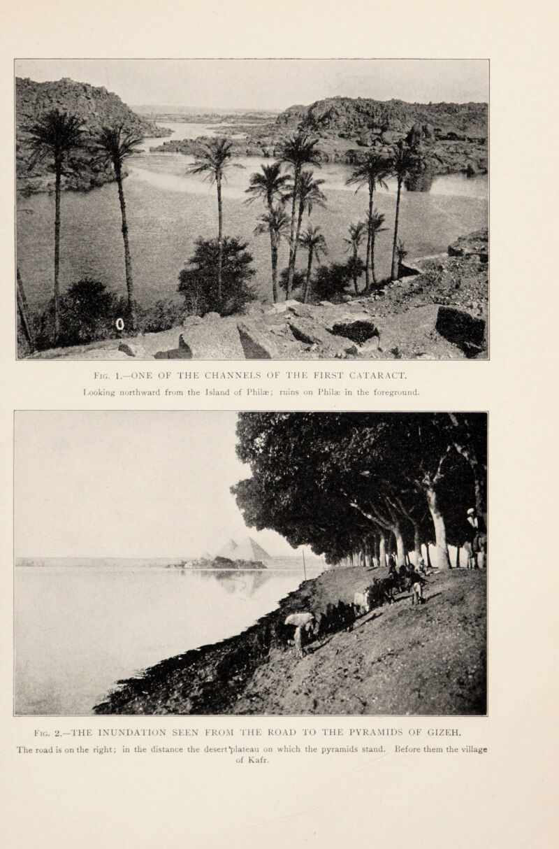 Fig. 1— ONE OF THE CHANNELS OF THE FIRST CATARACT. Looking northward from the Island of Philse; ruins on Phila; in the foreground. Fig. 2.—THE INUNDATION SEEN FROM THE ROAD TO THE PYRAMIDS OF GIZEH. The road is on the right; in the distance the desert “plateau on which the pyramids stand. Before them the village of Kafr.