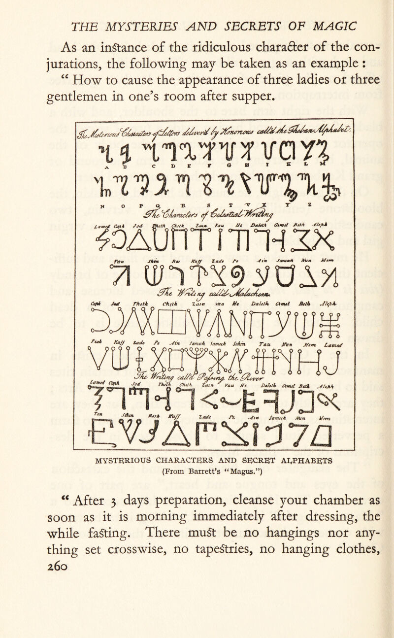 As an instance of the ridiculous chara&er of the con¬ jurations, the following may be taken as an example: “ How to cause the appearance of three ladies or three gentlemen in one’s room after supper. \<>i mat’tavern HOP <1 H S T V ^ X Y 2 ZT/c Y/uzra/AfJ c/ Lama Conk Jod. &elh Cheek lam Vau Uc DahUl Qimtl Beth atefik ^OAUnTITTHZX run Jktn ftm fflt/f Z atf* ft -*>* Jaruah Nun. Mem 71 UnTX9AUAM STe. J/sZti/iy aY/AiA/i/u/tfst* Ggti Joe? Theth Chet A Z am Vau He Daletk Clout Beth dlefik 3/a f/riitiaia ca//A/Pa/Yna, tPcZ/vi*.. Ourareif b/ZL*** ///nan. Zaire Vau St Daletk Gund Seth Micfth ©«»» ,,aZ, — ei L“lrL ,au VMelfi Cund Beth Mh/kh « R‘Z K Min JurneiA .Vun Hem EyjAFKma MYSTERIOUS CHARACTERS AND SECRET ALPHABETS (From Barrett’s “Magus.”) “ After 3 days preparation, cleanse your chamber as soon as it is morning immediately after dressing, the while faSting. There must be no hangings nor any¬ thing set crosswise, no tapestries, no hanging clothes,