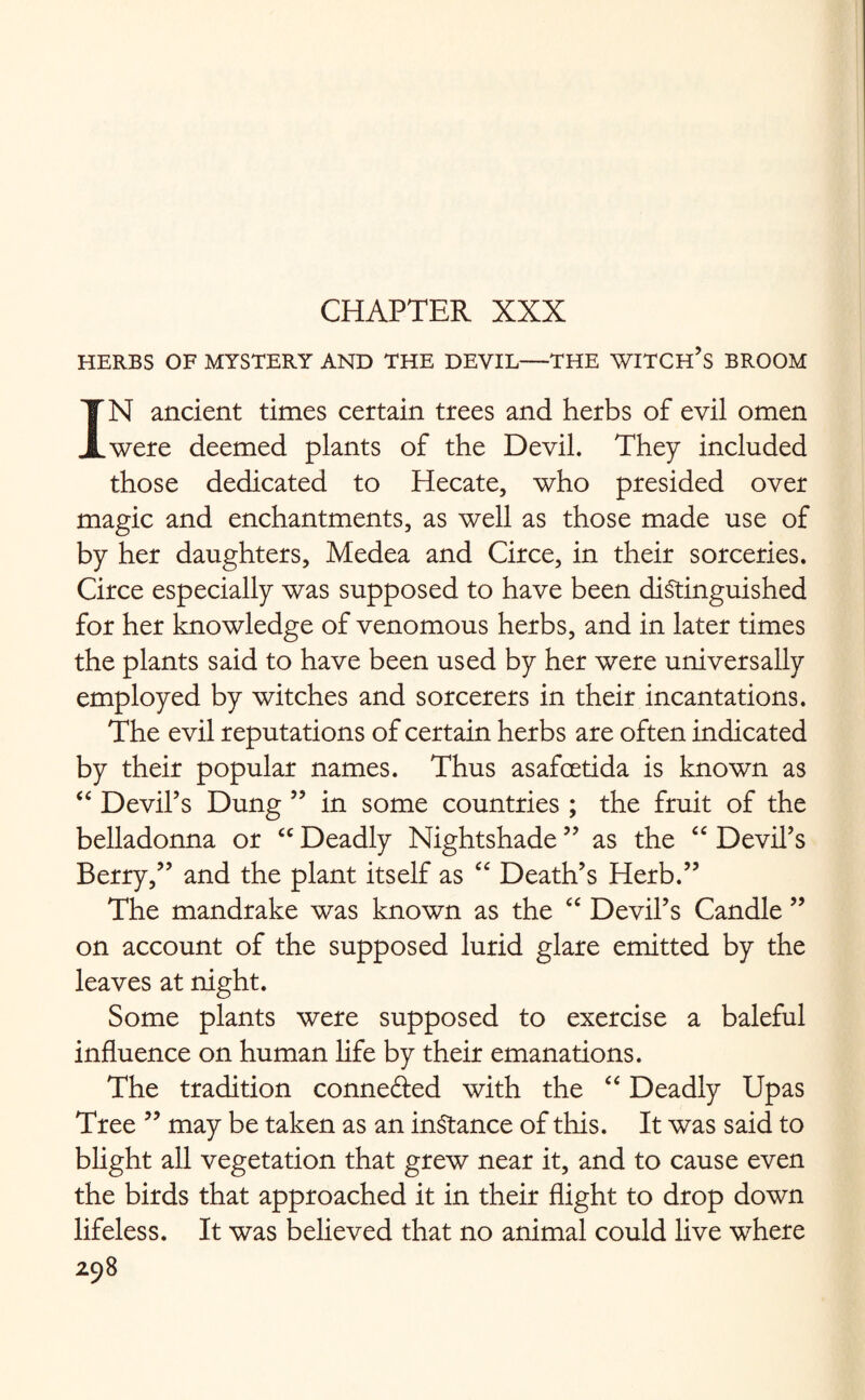 HERBS OF MYSTERY AND THE DEVIL—THE WITCH’S BROOM IN ancient times certain trees and herbs of evil omen were deemed plants of the Devil. They included those dedicated to Hecate, who presided over magic and enchantments, as well as those made use of by her daughters, Medea and Circe, in their sorceries. Circe especially was supposed to have been distinguished for her knowledge of venomous herbs, and in later times the plants said to have been used by her were universally employed by witches and sorcerers in their incantations. The evil reputations of certain herbs are often indicated by their popular names. Thus asafcetida is known as “ Devil’s Dung ” in some countries ; the fruit of the belladonna or £C Deadly Nightshade ” as the “ Devil’s Berry,” and the plant itself as “ Death’s Herb.” The mandrake was known as the “ Devil’s Candle ” on account of the supposed lurid glare emitted by the leaves at night. Some plants were supposed to exercise a baleful influence on human life by their emanations. The tradition conne&ed with the “ Deadly Upas Tree ” may be taken as an instance of this. It was said to blight all vegetation that grew near it, and to cause even the birds that approached it in their flight to drop down lifeless. It was believed that no animal could live where