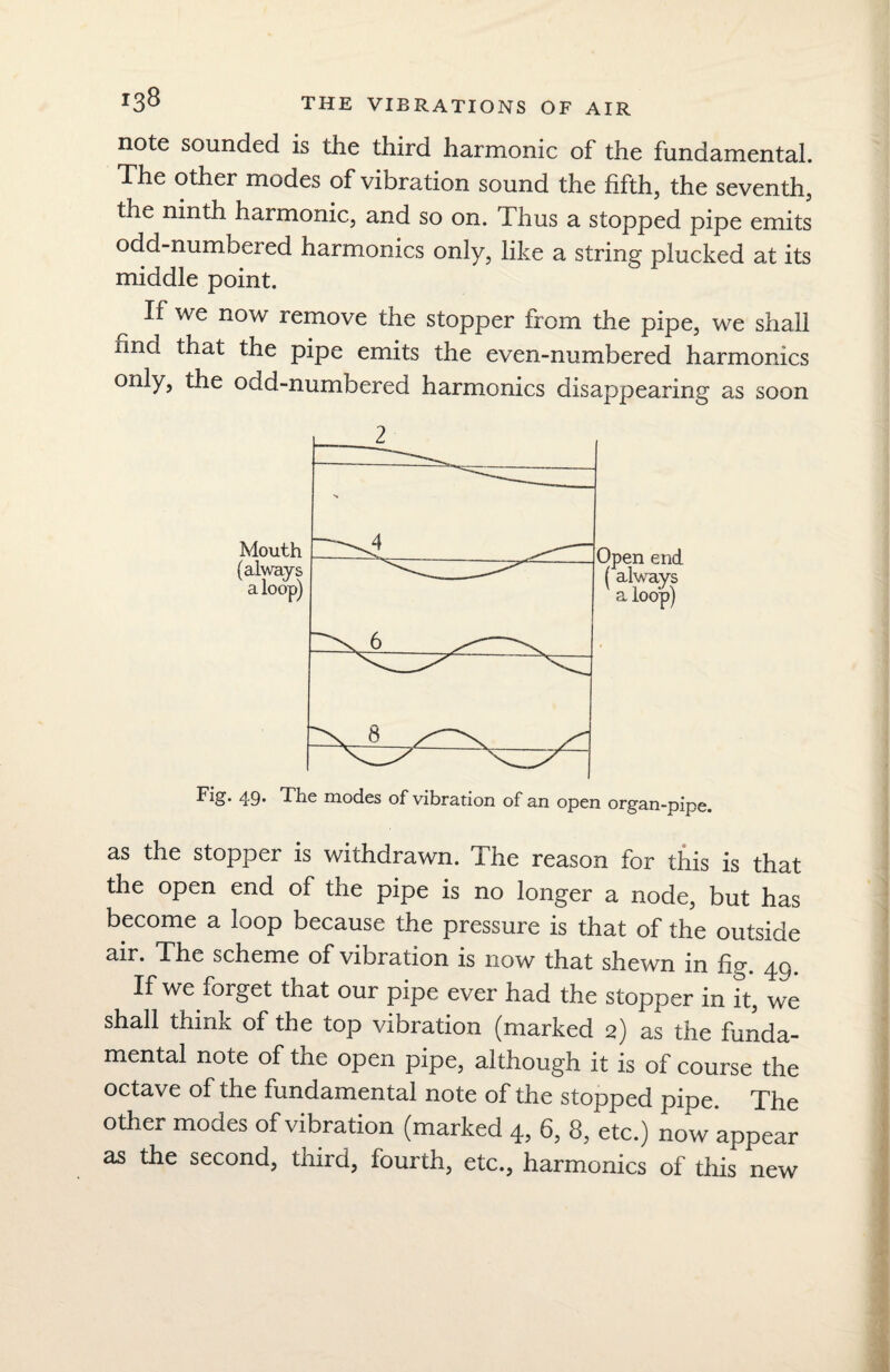 note sounded is the third harmonic of the fundamental. The other modes of vibration sound the fifth, the seventh, the ninth harmonic, and so on. Thus a stopped pipe emits odd-numbered harmonics only, like a string plucked at its middle point. If we now remove the stopper from the pipe, we shall nnd that the pipe emits the even-numbered harmonics only, the odd-numbered harmonics disappearing as soon 49* The modes of vibration of an open organ-pipe. as the stopper is withdrawn. The reason for this is that the open end of the pipe is no longer a node, but has become a loop because the pressure is that of the outside The scheme of vibration is now that shewn in fig. If we forget that our pipe ever had the stopper in it, we shall think of the top vibration (marked 2) as the funda¬ mental note of the open pipe, although it is of course the octave of the fundamental note of the stopped pipe. The other modes of vibration (marked 4, 6, 8, etc.) now appear as the second, third, fourth, etc., harmonics of this new