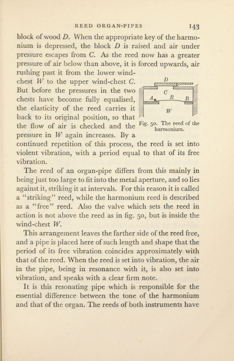 D 143 block of wood D. When the appropriate key of the harmo¬ nium is depressed, the block D is raised and air under pressure escapes from C. As the reed now has a greater pressure of air below than above, it is forced upwards, air rushing past it from the lower wind- chest W to the upper wind-chest C. But before the pressures in the two chests have become fully equalised, the elasticity of the reed carries it back to its original position, so that the flow of air is checked and the Flg‘ 5°ia^o °f the pressure in W again increases. By a continued repetition of this process, the reed is set into violent vibration, with a period equal to that of its free vibration. The reed of an organ-pipe differs from this mainly in being just too large to fit into the metal aperture, and so lies against it, striking it at intervals. For this reason it is called a “striking” reed, while the harmonium reed is described as a “free” reed. Also the valve which sets the reed in action is not above the reed as in fig. 50, but is inside the wind-chest W. This arrangement leaves the farther side of the reed free, and a pipe is placed here of such length and shape that the period of its free vibration coincides approximately with that of the reed. When the reed is set into vibration, the air in the pipe, being in resonance with it, is also set into vibration, and speaks with a clear firm note. It is this resonating pipe which is responsible for the essential difference between the tone of the harmonium and that of the organ. The reeds of both instruments have