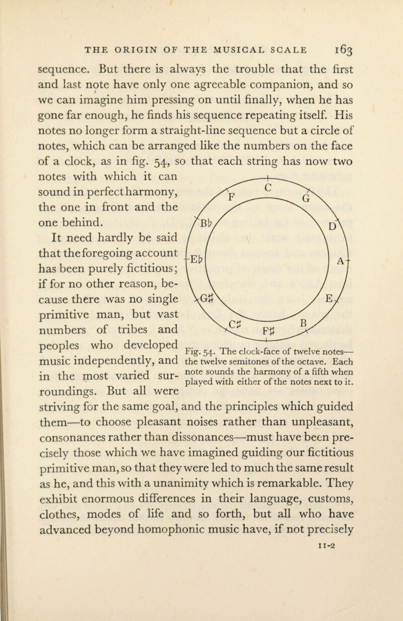 sequence. But there is always the trouble that the first and last note have only one agreeable companion, and so we can imagine him pressing on until finally, when he has gone far enough, he finds his sequence repeating itself. His notes no longer form a straight-line sequence but a circle of notes, which can be arranged like the numbers on the face of a clock, as in fig. 54, so that each string has now two notes with which it can sound in perfect harmony, the one in front and the one behind. It need hardly be said that the foregoing account has been purely fictitious; if for no other reason, be¬ cause there was no single primitive man, but vast numbers of tribes and r y 1 rig. 54. 1 he clock-face of twelve notes— music independently, and the twelve semitones of the octave. Each SUj,_ note sounds the harmony of a fifth when played with either of the notes next to it. in the most varied roundings. But all were striving for the same goal, and the principles which guided them—to choose pleasant noises rather than unpleasant, consonances rather than dissonances—must have been pre¬ cisely those which we have imagined guiding our fictitious primitive man, so that they were led to much the same result as he, and this with a unanimity which is remarkable. They exhibit enormous differences in their language, customs, clothes, modes of life and so forth, but all who have advanced beyond homophonic music have, if not precisely 11-2