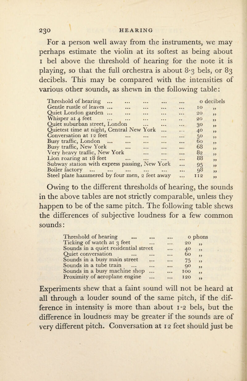 For a person well away from the instruments, we may perhaps estimate the violin at its softest as being about 1 bel above the threshold of hearing for the note it is playing, so that the full orchestra is about 8-3 bels, or 83 decibels. This may be compared with the intensities of various other sounds, as shewn in the following table: Threshold of hearing ... 0 decibels Gentle rustle of leaves ... 10 yy Quiet London garden ... 20 >> Whisper at 4 feet 20 yy Quiet suburban street, London 30 yy Quietest time at night, Central New York ... 40 yy Conversation at 12 feet 5° yy Busy traffic, London 60 yy Busy traffic, New York 68 yy Very heavy traffic, New York 82 yy Lion roaring at 18 feet 88 yy Subway station with express passing, New York 95 yy Boiler factory 98 yy Steel plate hammered by four men, 2 feet away 112 yy Owing to the different thresholds of hearing, the sounds in the above tables are not strictly comparable, unless they happen to be of the same pitch. The following table shews the differences of subjective loudness for a few common sounds: Threshold of hearing ... 0 phons Ticking of watch at 3 feet 20 „ Sounds in a quiet residential street ... 40 Quiet conversation 60 „ Sounds in a busy main street 75 » Sounds in a tube train 90 „ Sounds in a busy machine shop ... 100 „ Proximity of aeroplane engine 120 „ Experiments shew that a faint sound will not be heard at all through a louder sound of the same pitch, if the dif¬ ference in intensity is more than about 1-2 bels, but the difference in loudness may be greater if the sounds are of very different pitch. Conversation at 12 feet should just be