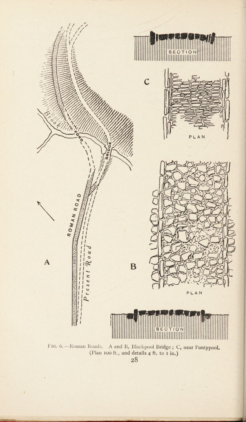 B liiflii PLAN iiiillfflfffiilillff SECTION Icq. 6.—Roman Roads. A and B, Blackpool Bridge; C, near Pontypool. (Plan ioo ft., and details 4 ft. to 1 in.)