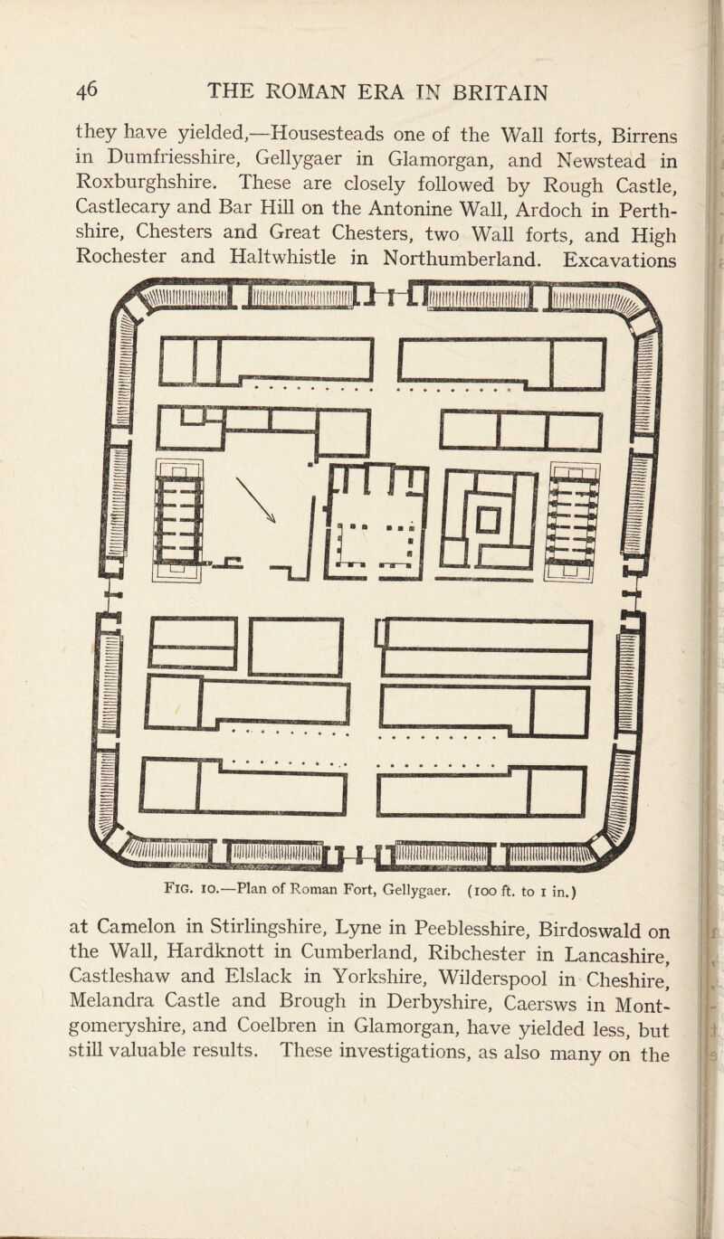 they have yielded,—Housesteads one of the Wall forts, Birrens in Dumfriesshire, Gellygaer in Glamorgan, and Newstead in Roxburghshire. These are closely followed by Rough Castle, Castlecary and Bar Hill on the Antonine Wall, Ardoch in Perth¬ shire, Chesters and Great Chesters, two Wall forts, and High Rochester and Haltwhistle in Northumberland. Excavations Fig. 10.—Plan of Roman Fort, Gellygaer. (iooft. to I in.) at Camelon in Stirlingshire, Lyne in Peeblesshire, Birdoswald on the Wall, Hardknott in Cumberland, Ribchester in Lancashire, Castleshaw and Elslack in Yorkshire, Wilderspool in Cheshire, Melandra Castle and Brough in Derbyshire, Caersws in Mont¬ gomeryshire, and Coelbren in Glamorgan, have yielded less, but still valuable results. These investigations, as also many on the