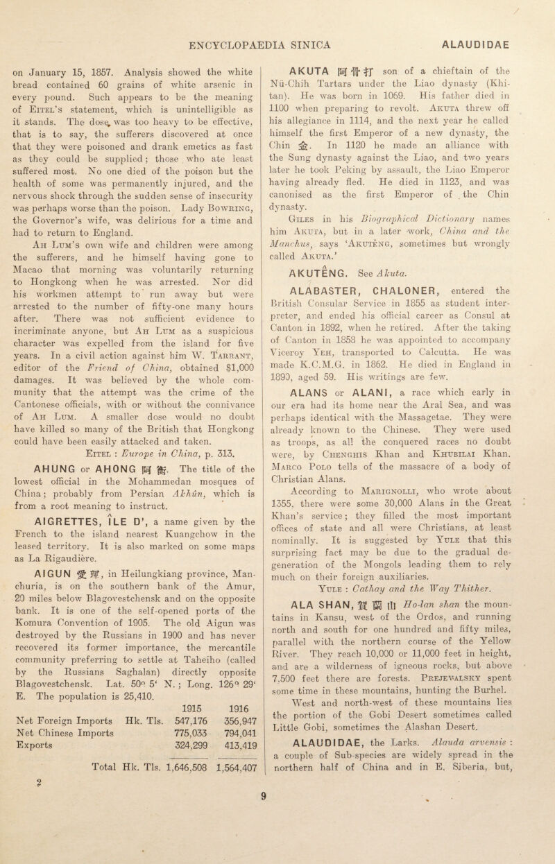 on January 15, 1857. Analysis showed the white bread contained 60 grains of white arsenic in every pound. Such appears to be the meaning of Eitel’s statement, which is unintelligible as it stands. The dos^, was too heavy to be effective, that is to say, the sufferers discovered at once that they were poisoned and drank emetics as fast as they could be supplied; those who ate least suffered most. No one died of the poison but the health of some was permanently injured, and the nervous shock through the sudden sense of insecurity was perhaps worse than the poison. Lady Bowring, the Governor’s wife, was delirious for a time and had to return to England. Ah Lum’s own wife and children were among the sufferers, and he himself having gone to Macao that morning was voluntarily returning to Hongkong when he was arrested. Nor did his workmen attempt to run away but were arrested to the number of fifty-one many hours after. There was not sufficient evidence to incriminate anyone, but Ah Lum as a suspicious character was expelled from the island for five years. In a civil action against him W. Tarrant, editor of the Friend of China, obtained $1,000 damages. It was believed by the whole com¬ munity that the attempt was the crime of the Cantonese officials, with or without the connivance of Ah Lum. A smaller dose would no doubt have killed so many of the British that Hongkong could have been easily attacked and taken. Eitel : Europe in China, p. 313. AHUNG or AHONG |TnJ 'dp The title of the lowest official in the Mohammedan mosques of China; probably from Persian Akhun, which is from a root meaning to instruct. AIGRETTES, ILE D\ a name given by the French to the island nearest Kuangchow in the leased territory. It is also marked on some maps as La Rigaudiere. AIGUN in Heilungkiang province, Man¬ churia, is on the southern bank of the Amur, 29 miles below Blagovestchensk and on the opposite bank. It is one of the self-opened ports of the Komura Convention of 1905. The old Aigun was destroyed by the Russians in 1900 and has never recovered its former importance, the mercantile community preferring to settle at Taheiho (called by the Russians Saghalan) directly opposite Blagovestchensk. Lat. 50° 5‘ N. ; Long. 126^ 29‘ E. The population is 25,410. 1915 1916 Net Foreign Imports Hk. Tls. 547,176 356,947 Net Chinese Imports 775,033 794,041 Exports 324,299 413,419 Total Hk. Tls. 1,646,508 1,564,407 AKUTA son of a chieftain of the Nii-Chih Tartars under the Liao dynasty (Khi- tan). He was born in 1069. His father died in 1100 when preparing to revolt. Akuta threw off his allegiance in 1114, and the next year he called himself the first Emperor of a new dynasty, the Chin In 1120 he made an alliance with the Sung dynasty against the Liao, and two years later he took Peking by assault, the Liao Emperor having already fled. He died in 1123, and was canonised as the first Emperor of the Chin dynasty. Giles in his Biographical Dictionary names him Akuta, but in a later -work, China and the Manchus, says ‘Akuteng, sometimes but wrongly called Akuta.’ AKUTENG. See Akuta. ALABASTER, CHALONER, entered the British Consular Service in 1855 as student inter¬ preter, and ended his official career as Consul at Canton in 1892, when he retired. After the taking of Canton in 1858 he was appointed to accompany Viceroy Yeh, transported to Calcutta. He was made K.C.M.G. in 1862. He died in England in 1890, aged 59. His writings are few. ALANS or ALANI, a race which early in our era had its home near the Aral Sea, and was perhaps identical with the Massagetae. They were already known to the Chinese. They were used as troops, as all the conquered races no doubt were, by Chenghis Khan and Khubilai Khan. Marco Polo tells of the massacre of a body of Christian Alans. According to Marignolli, who wrote about 1355, there were some 30,000 Alans in the Great Khan’s service; they filled the most important offices of state and all were Christians, at least nominally. It is suggested by Yule that this surprising fact may be due to the gradual de¬ generation of the Mongols leading them to rely much on their foreign auxiliaries. Yule : Cathay and the Way Thither. ALA SHAN, JC US 111 Hodan shan the moun¬ tains in Kansu, west of the Ordos, and running north and south for one hundred and fifty miles, parallel with the northern course of the Yellow River. They reach 10,000 or 11,000 feet in height, and are a wilderness of igneous rocks, but above 7,500 feet there are forests. Prejev-alsky spent some time in these mountains, hunting the Burhel. West and north-west of these mountains lies the portion of the Gobi Desert sometimes called Little Gobi, sometimes the Alashan Desert. ALAUDIDAE, the Larks. Alauda arvensis : a couple of Sub-species are widely spread in the northern half of China and in E, Siberia, but, 2