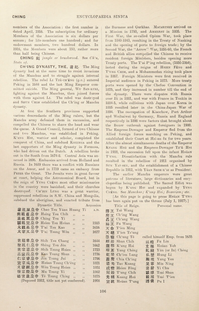 members of the Association : the first number is dated April, 1916. The subscription for ordinary Members of the Association is six dollars per annum; for life-members one hundred; and for endowment members, two hundred dollars. In 1916, the Members were about 159, rather more than half being Chinese. CHING $(j jungle or brushwood. See C7i‘u, State of. CH‘SNG DYNASTY, THE, |Q. The Ming dynasty had at the same time to resist invasions of the Manchus and to struggle against internal rebellion. The rebel Li Tzu-ch‘eng (g-v.) entered Peking in 1644 and the last Ming Emperor com¬ mitted suicide. The Ming general, Wu San-kuei, fighting against the Manchus, then joined forces with them against Li. The rebel was destroyed and Shun Chih established the CITing or Manchu dynasty. At first the Southern provinces supported various descendants of the Ming rulers, but the Manchu army defeated them in succession, and compelled the Chinese to shave the head and wear the queue. A Grand Council, formed of two Chinese and two Manchus, was established in Peking. K‘ang Hsi, warrior and scholar, completed the conquest of China, and subdued Koxinga and the last supporters of the Ming dynasty in Formosa, who had driven out the Dutch. A rebellion broke out in the South from 1674-8. Central Asia was an¬ nexed in 1696. Embassies arrived from Holland and Russia. In 1689 there was a conflict with Russians on the Amur, and in 1719 came an embassy from Peter the Great. The Jesuits were in great favour at court, helping the Astronomical Board, but in the reign of Yung Cheng most other missionaries in the country were banished, and their churches destroyed'. ChTen Lung was a great warrior, suppressed rebellions in S.W. China and Mongolia, subdued the aborigines, and exacted tribute from Dynastic Title. Accession hao Tsu Yuan Huang Ti a.d. m MM ji ft mm ft m H © ft M m ft xm il ft & AC ft ft n # Jl ft M ft © ft -ft ti* sm. © — ft t=t IrJ e* il ft ft ti* # il ft J3. ti» $ © ft AC ti* 1® © ft m t±* m ft ti* ■n a ifr y y (Deposed 1912, title not yet conferred). 1583 1616 1627 1644 1662 1723 1736 1796 1821 1851 1862 1875 1908 the Burmese and Gurkhas. Macartney arrived on a Mission in 1793, and Amherst in 1805. The First War, the so-called Opium W7ar, took place from 1840-1843, resulting in the Treaty of Nanking and the opening of ports to foreign trade; by the Second War, the “Arrow” War, 1856-60, the French and British allies compelled the Chinese to receive resident foreign Ministers, besides opening more Treaty ports. The T‘ai P‘ing rebellion, (1850-1864), lasted during the reigns of Hsien Feng and T‘ung Chih, and a Mohammedan rising took place in 1867. Foreign Ministers were first received in Imperial audience in Peking in 1873. More treaty ports were opened by the Chefoo Convention in 1875, and they increased in number till the end of the dynasty. There were disputes with Russia over Ili in 1881, and war with France in Tonkin in 1884-5, while collisions with Japan over Korea in 1885 resulted later in the China-Japan War of 1894. The ooecupation of Kiaochow, Port Arthur and Weihaiwei by Germany, Russia and England respectively in 1898 were factors that brought about the Boxer outbreak against foreigners in 1900. The Empress-Dowager and Emperor fled from the Allied foreign forces marching on Peking, and established their Court at Hsi-an fu for two years. After the almost simultaneous deaths of the Emperor Kuang Hsu and the Empress-Dowager Tz‘u Hsi in 1908, the succession fell upon the infant Hsuan T‘ung. Dissatisfaction with the Manchu rule resulted in the rebellion of 1911 organised by Sun Yat-sen, and the establishment of a Chinese Republic in 1912, with Yuan Shih-k‘ai as President. The earlier Manchu emperors were great patrons of literature, large dictionaries and ency¬ clopaedias being published. The Sacred Edict was begun by K‘ang Hsi and expanded by Yung Cheng. See Manchus; K‘ang Hsi; Boxer ism; etc. [As this page is going to press Hsuan T£ung has been again put on the throne (July 1, 1917).] Title of Reign. Personal name. Tse Wang J|g :£ CITing WTang H Ch‘ang Wang IS 31 Eu Wang 3c m? T‘ien Ming 3c Then TsTmg Ch£ung Te called himself Emp. from 1635 Jl® fa Shun Chih g|r Fu Lin Hf K£ang Hsi jg| Hsuan Yeh IE Yung Cheng jjjjf Yiin (or In) Cheiq j/L Hung Li CITing HI m Yung Yen aft vfc Tao Kuang Igt 2K Min Ning m Hsien Feng Yi Chu Ifl) ffc T£ung Chih 3$ Tsai Shun ft £1 Kuang Hsii M M Tsai T£ien jf£ ffifc Hsiian T£ung W- Pu I ^ CITien Lung