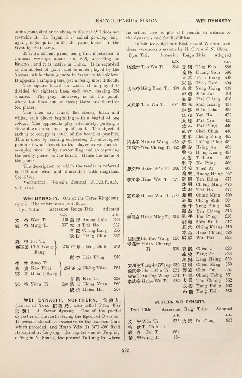 is the game similar to chess, while wei ch‘i does not resemble it. In Japan it is called go-bang, but, again, it is quite unlike the game known in the West by that name. It is an ancient game, being first mentioned in Chinese writings about b.c. 625, according to Edkins ; and it is native in China. It is regarded as the noblest of games and is much played by the literati, while chess is more in favour with soldiers. It appears a simple game, yet is really most difficult. The square board on which it is played is divided by eighteen lines each way, making 324 squares. The play, however, is at the points where the lines cut or meet; there are therefore 361 places. The ‘men’ are round, flat stones, black and white, each player beginning with a bagful of one colour. The opponents play alternately, putting a stone down on an unoccupied point. The object of each is to occupy as much of the board as possible. This is done by making enclosures, the unoccupied points in which count to the player as well as the occupied ones; or by surrounding and so capturing the enemy pieces on the board. Hence the name of the game. The description to which the reader is referred is full and clear and illustrated with diagrams. See Chess. Yolpicelli : Wei-chH, Journal, N.C.B.R.A.S., vol. xxvi. WEI DYNASTY. One of the Three Kingdoms, (q.v.). The rulers were as follows. Dyn. Title Accession Reign Title Adopted A.D. A.D. ft Wen Ti @5 ^ Ming Ti Jig ^ Fei Ti, $££3/ Ch‘i Wang Fang 220 Ji| |7J Huang Ch‘u 227 jft] T£ai Ho If fg Ch£ing Lung ^ ft/ Ching Ch£u 240 IE Cheng Shih H Chia P£ing 220 227 233 237 240 249 A) ft Shao Ti jgj H Kao Kuei l 254JE7C Cheng Yuan 254 M & Hsiang Kung J *JJ* jpg Kan Lu 256 70 iff Yuan Ti 260 % Ching Yuan 260 jg£ gE Hsien Hsi 264 WEI DYNASTY, NORTHERN, i E (House of Toba « a ; also called Yiian Wei 7C »)• A Tartar dynasty. One of the partial dynasties of the north during the Epoch of Division. It became almost as extensive as the Eastern Chin which preceded, and Hsiao Wen Ti (471-499) fixed its capital at Lo yang. Its capital was at Tu-p‘ing ch'eng in N. Shansi, the present Ta-t£ung fu, where important cave temples still remain to witness to the dynasty’s zeal for Buddhism. In 535 it divided' into Eastern and Western, and these were soon overcome by N. Ch‘i and N. Chou. Dyn. Title Accession Reign Title Adopted A.D. A.D. Tao Wu Ti 386 g m Teng Kuo 386 Huang Shih 396 xm T‘ien Hsing 398 T£ien Tz£u 404 037t;^fMing Yuan Ti 409 zk H Yung Hsing 409 if *8 Shen Jui 414 T£ai Ch£ang 416 T£ai Wu Ti 424 Shih Kuang 424 if H Shen Chia 428 «I Yen Ho 432 & m T£ai Yen 435 T£ai P£ing 440 m ^ Chen Chiin 440 IE^ Cheng P£ing 452 Nan-an Wang 452 7fc CITeng P£ing 452 &J$fifKWen Ch'eng Ti 452 Hsing An 452 m & Hsing Kuang 454 T£ai An 455 m ^ Ho P£ing 460 Hsien Wen Ti 466 T£ien An 466 . Huang Hsing 467 &%ft Hsiao Wen Ti 471 Si M Yen Hsing 471 & m CITeng Ming 476 ;*:*a T£ai Ho 477 ItR^Hsuan Wu Ti 500 *98 Ching Ming 500 IE ta Cheng Shih 504 Zfc ¥ Yung P£ing 508 & s Yen Ch£ang 512 ^$lft Hsiao Ming Ti 516 Hsi P£ing 516 if © Shen Kuei 517 IE % Cheng Kuang 519 sp I! Hsiao Cb/ang 525 $$KLin-t£ao Wang 528 ^^ Wu Tcai 528 ^’j&ft Hsiao Chuang Ti 528 |£ H Chien I 528 3: Yung An 528 H M Keng Hsing 529 ^?§z£Tung-haiWang 530 Chien Ming 530 fl^ChiehMin Ti 531 Chin T£ai 531 5c$i*3iAn-ting Wang 531 ty f! Chung Hsing 531 Hsiao Wu Ti 532 * 1 T£ai Ch‘ang 532 Hg Yung Hsing 532 zfc gE Yung Hsi 532 WESTERN WEI DYNASTY. Dyn. Title Accession Reign Title Adopted 3C $fWen Ti Ti Ch£in or m ft Eei Ti ^ '^frKung Ti A.D. A.D. 535 Ta T‘ung 535 552 554