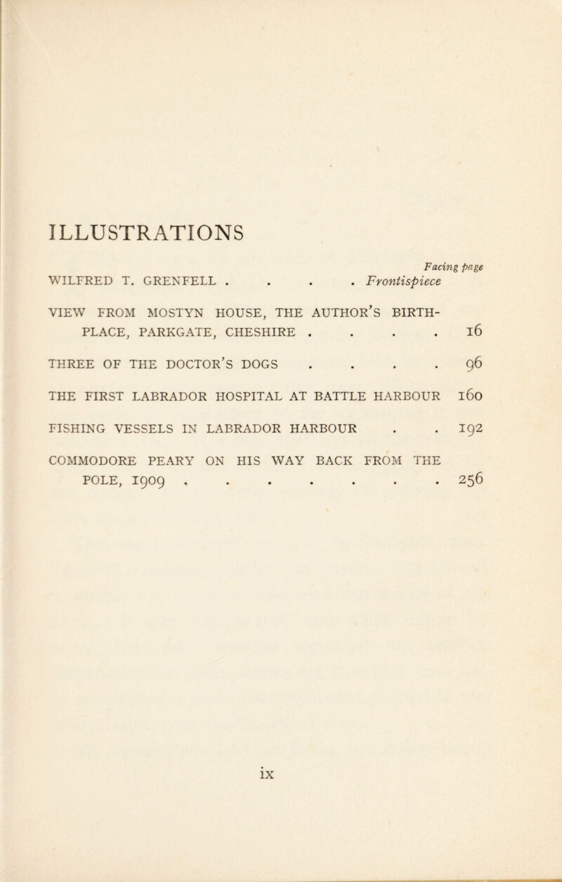 ILLUSTRATIONS Facing page WILFRED T. GRENFELL .... Frontispiece VIEW FROM MOSTYN HOUSE, THE AUTHOR’S BIRTH¬ PLACE, PARKGATE, CHESHIRE l6 THREE OF THE DOCTOR’S DOGS .... 96 THE FIRST LABRADOR HOSPITAL AT BATTLE HARBOUR l6o FISHING VESSELS IN LABRADOR HARBOUR . . I92 COMMODORE PEARY ON HIS WAY BACK FROM THE POLE, I909 ....... 256