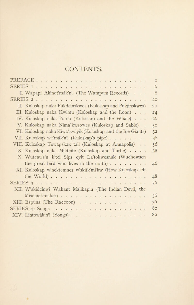 CONTENTS. PREFACE . i SERIES i. 6 I. Wapapi Ak'not’mak’n’l (The Wampum Records) ... 6 SERIES 2. 20 II. Kuloskap naka Pukdcinskwes (Kuloskap and Pukjinskwes) 20 III. Kuloskap naka Kwimu (Kuloskap and the Loon) ... 24 IV. Kuloskap naka Putup (Kuloskap and the Whale) ... 26 V. Kuloskap naka Nima'kwsowes (Kuloskap and Sable) . 30 VI. Kuloskap naka Kiwa'kwiyik (Kuloskap and the Ice-Giants) 32 VII. Kuloskap w’t’mak’n’l (Kuloskap’s pipe). 36 VIII. Kuloskap Tewapskak tali (Kuloskap at Annapolis) . . 36 IX. Kuloskap naka Miktcitc (Kuloskap and Turtle) .... 38 X. WutcauVn k’tci Sips eyit Lactokwesnuk (Wuchowsen the great bird who lives in the north). 46 XI. Kuloskap w’nektemnes w’skitk’mi'kw (How Kuloskap left the World). 48 SERIES 3. 56 XII. W’skidcinwi Wahant Malikapiu (The Indian Devil, the Mischief-maker). 56 XIII. Espuns (The Raccoon). 76 SERIES 4: Songs . 82 XIV. Lintowak’n’l (Songs). 82