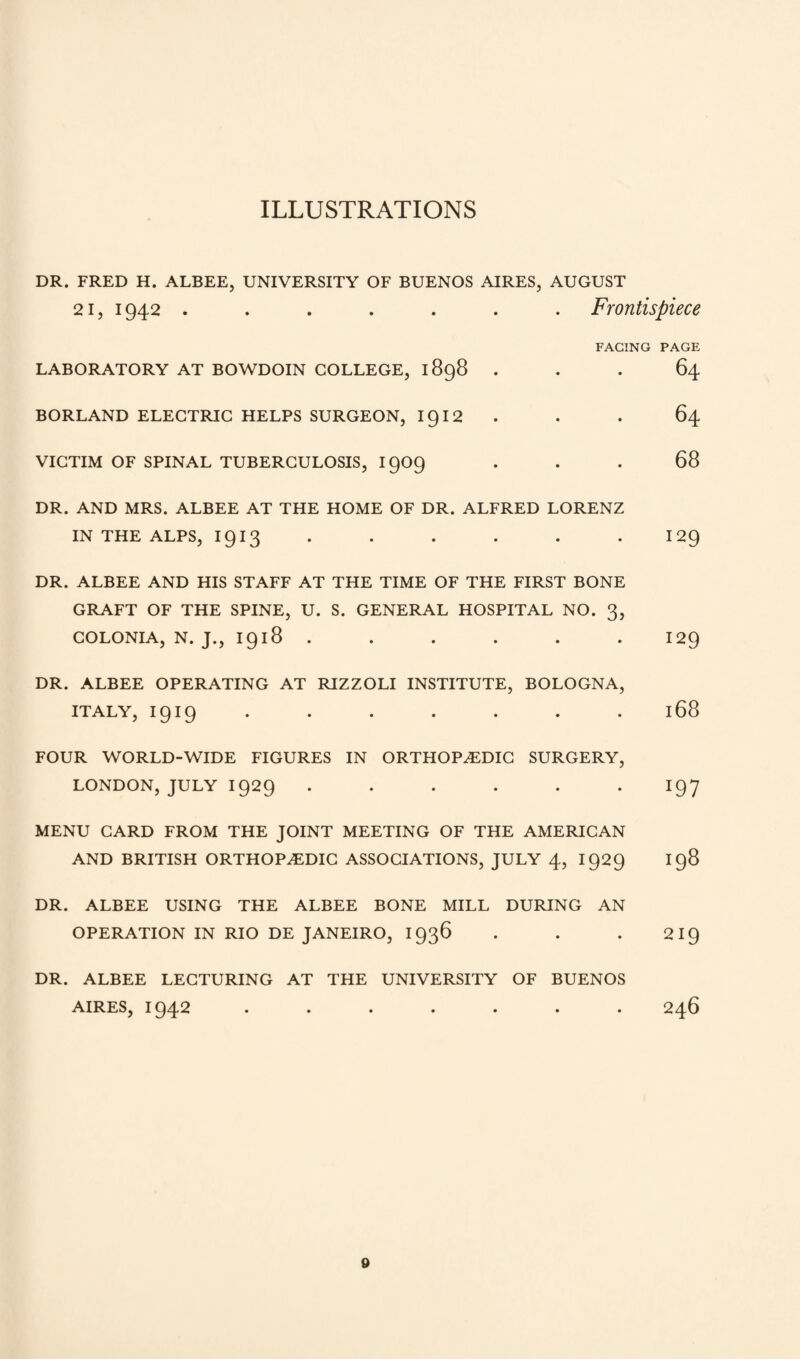 ILLUSTRATIONS DR. FRED H. ALBEE, UNIVERSITY OF BUENOS AIRES, AUGUST 21, 1942 ....... Frontispiece FACING PAGE LABORATORY AT BOWDOIN COLLEGE, 1898 ... 64 BORLAND ELECTRIC HELPS SURGEON, 1912 . . 64 VICTIM OF SPINAL TUBERCULOSIS, 1909 ... 68 DR. AND MRS. ALBEE AT THE HOME OF DR. ALFRED LORENZ IN THE ALPS, I913 . . . . . . 129 DR. ALBEE AND HIS STAFF AT THE TIME OF THE FIRST BONE GRAFT OF THE SPINE, U. S. GENERAL HOSPITAL NO. 3, COLONIA, N. J., 1918 . . . . . . 129 DR. ALBEE OPERATING AT RIZZOLI INSTITUTE, BOLOGNA, ITALY, I919 . . . . . . .168 FOUR WORLD-WIDE FIGURES IN ORTHOPAEDIC SURGERY, LONDON, JULY 1929 ...... 197 MENU CARD FROM THE JOINT MEETING OF THE AMERICAN AND BRITISH ORTHOPAEDIC ASSOCIATIONS, JULY 4, 1929 198 DR. ALBEE USING THE ALBEE BONE MILL DURING AN OPERATION IN RIO DE JANEIRO, 1936 . . . 219 DR. ALBEE LECTURING AT THE UNIVERSITY OF BUENOS AIRES, 1942 ....... 246