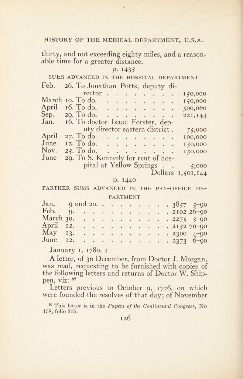 thirty, and not exceeding eighty miles, and a reason¬ able time for a greater distance. p. 1435 SUES ADVANCED IN THE HOSPITAL DEPARTMENT Feb. 26. To Jonathan Potts, deputy di- rector . I $0,000 March 10. To do. ........ 1—1 vJl ' 0 0 0 0 April 16. To do. 500,000 Sep. 29. To do. 221,144 Jan. 16. To doctor Isaac Forster, dep- uty director eastern district. 75,000 April 27. To do. 100,000 June 12. To do. 150,000 Nov. 25. To do. 150,000 June 29. To S. Kennedy for rent of hos- pital at Yellow Springs . 5,000 Dollars 1,501,144 p. I44O FARTHER SUMS ADVANCED IN THE PAY-OFFICE DE¬ PARTMENT Jan. 9 and 20. Feb. 9.. . . March 30. April 12. May 13. June 12. • 3857 5-90 . 2102 26-90 . 2275 5-90 . 2152 70-90 . 2300 4-90 • 2373 6-90 January 1, 1780. 1 A letter, of 30 December, from Doctor J. Morgan, was read, requesting to be furnished with copies of the following letters and returns of Doctor W. Ship- pen, viz: 92 Letters previous to October 9, 1776, on which were founded the resolves of that day; of November 92 This letter is in the 158, folio 305. Papers of the Continental Congress, No