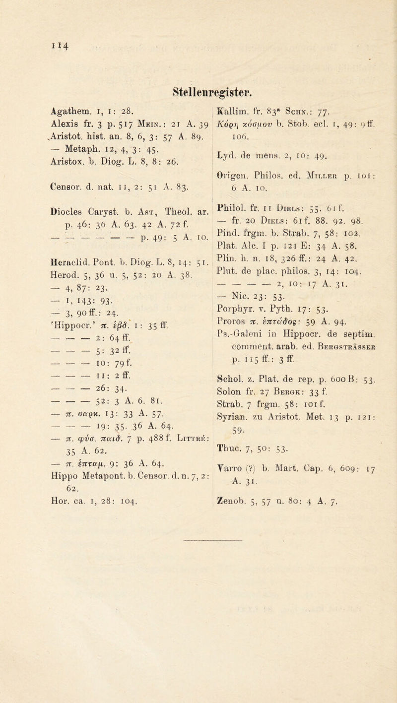 1*4 Stellenregister. Agathem. i, i: 28. Alexis fr. 3 p. 517 Mein.: 21 A. 39 .Aristot. hist. an. 8, 6, 3: 57 A. 89. — Metaph. 12, 4, 3: 45. Aristox. b. Diog. L. 8, 8: 26. Censor. d. nat. 11,2: 51 A. 83. Diocles Caryst. b. Ast, Theol. ar. p. 46: 36 A. 63. 42 A. 72 f. — — —-- ™ p. 49: 5 A. 10. Ileraelid. Pont. b. Diog. L. 8, 14: 51. Herod. 5, 36 u. 5, 52: 20 A. 38. — 4, 87: 23. — I, 143: 93- — 3, 90 ff-: 24. ■Hippocr.’ 7t. kßS. 1: 35 ff. — — — 2: 64 ff. -5: 32 ff. — — — IO: 79 f. — — — 11: aff. - 26: 34. --- 52: 3 A. 6. 81. — 7t. acto*. 13: 33 A. 57. -19. 35. 36 A. 64. — 7t. opva. Ttcad. 7 p. 488 t'. Littre: 35 A. 62. - 7t. ^TTTß'g. 9: 36 A. 64. Hippo Metapont. b. Censor. d. n. 7, 2: 62. ffallim. fr. 83* Schn.: 77. Koq)] y.oGuov b. Stob. ecl. 1, 49: off. 106. Lyd. de mens. 2, ro: 49. Origen. Philos. ed. Miller p. loi: 6 A. 10. Philol. fr. 11 Dikls: 55. 61 f. — fr. 20 Diels: 61 f. 88. 92. 98. Pind. frgm. b. Strab. 7, 58: 102. Plat. Ale. I p. 121 E: 34 A. 58. Plin. li. n. 18, 326 ff.: 24 A. 42. Pint, de plac. philos. 3, 14: 104. -2, TO: 17 A. 31. — Nie. 23: 53. Porphyr, v. Pyth. 17: 53. Proros 7t. £7tTo:dos' 59 A. 94. Ps.-Galeni in Hippocr. de septim. eonunent. arab. ed. Bergsträsskr p. 115 ff-= 3 ff Schob z. Plat. de rep. p. 600 B: 53. Solon fr. 27 Bergk: 33 f. Strab. 7 frgm. 58: ioif. Syrian. zu Aristot. Met, 13 p, 121: 59- Tlruc. 7, 50: 53. Yarro (?) b. Mart. Cap. 6, 609: 17 A. 31.