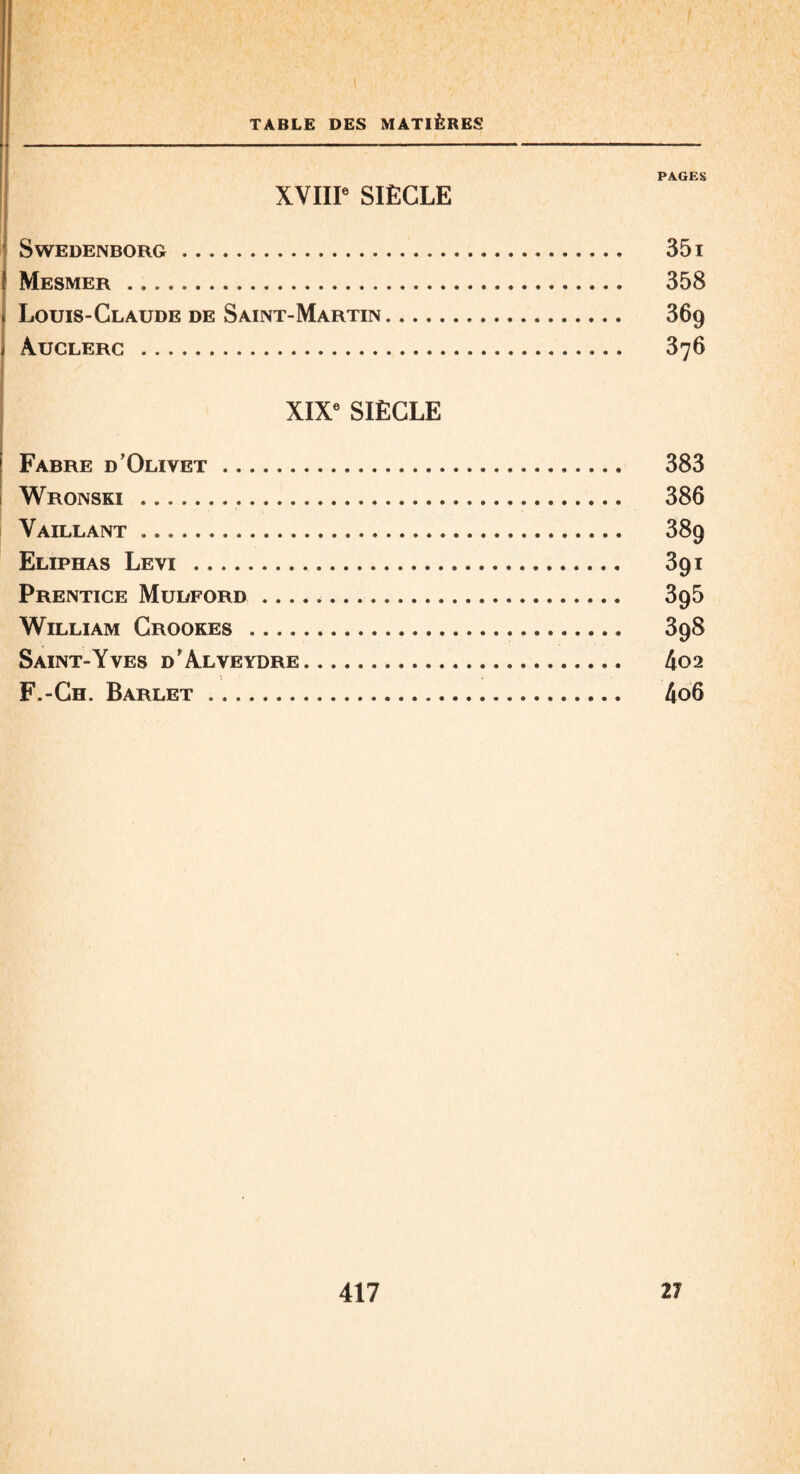 PAGES XVIIIe SIÈCLE Swedenborg. 351 Mesmer. 358 Louis-Claude de Saint-Martin... 369 àuclerc . 376 XIXe SIÈCLE Fabre d Olivet. 383 Wronski . 386 Vaillant. 389 Eliphas Levi . 391 Prentice Mulford. 395 William Crookes . 398 Saint-Yves d’Axveydre. 402 F.-Ch. Barlet. 4o6
