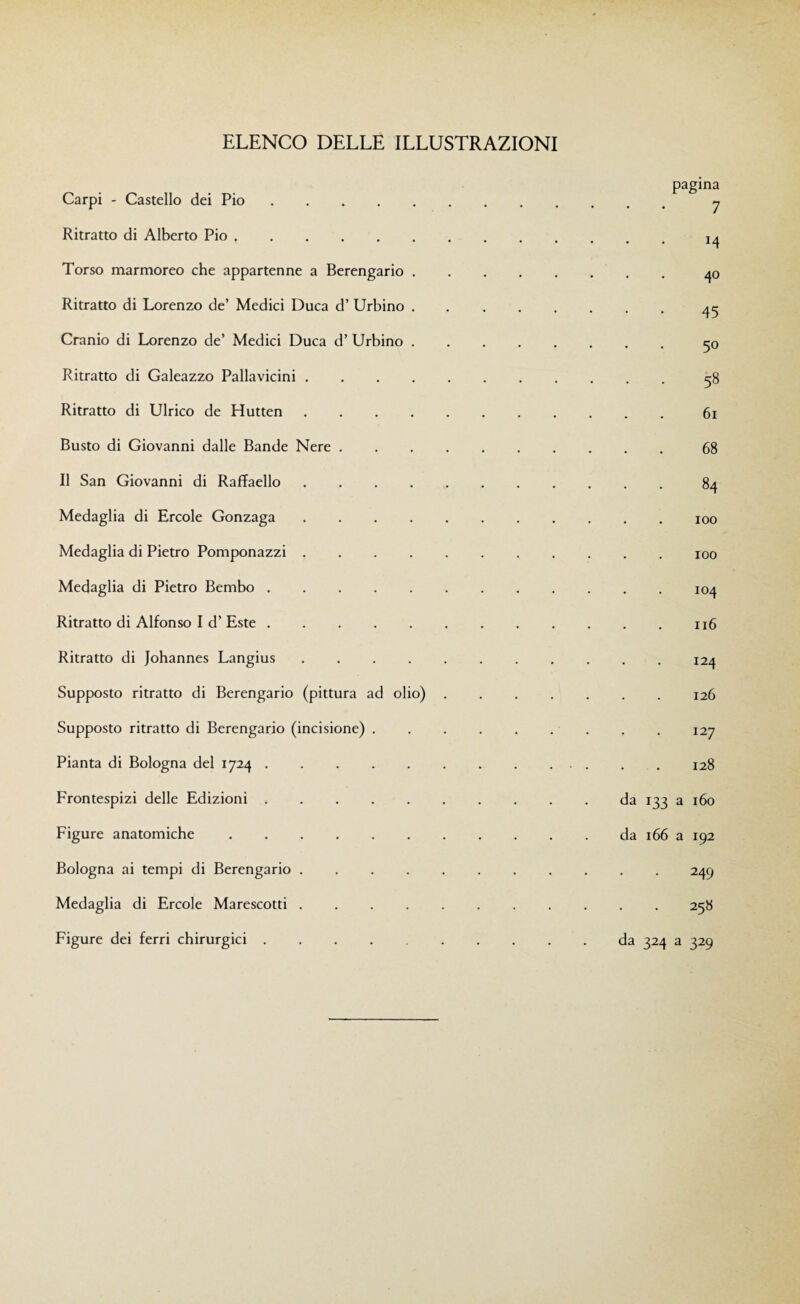 ELENCO DELLE ILLUSTRAZIONI Carpi - Castello dei Pio. Ritratto di Alberto Pio. Torso marmoreo che appartenne a Berengario . Ritratto di Lorenzo de’ Medici Duca d’ Urbino . Cranio di Lorenzo de’ Medici Duca d’ Urbino . Ritratto di Galeazzo Pallavicini .... Ritratto di Ulrico de Hutten .... Busto di Giovanni dalle Bande Nere . Il San Giovanni di Raffaello .... Medaglia di Ercole Gonzaga .... Medaglia di Pietro Pomponazzi .... Medaglia di Pietro Bembo. Ritratto di Alfonso I d’ Este. Ritratto di Johannes Langius .... Supposto ritratto di Berengario (pittura ad olio Supposto ritratto di Berengario (incisione) . Pianta di Bologna del 1724. Frontespizi delle Edizioni. Figure anatomiche. Bologna ai tempi di Berengario .... Medaglia di Ercole Marescotti .... Figure dei ferri chirurgici. pagina 7 40 45 50 58 61 .68 .84 .100 .100 .104 .116 .124 ).126 . . . . 127 . . . . 128 . da 133 a 160 . da 166 a 192 .249 .258 . da 324 a 329