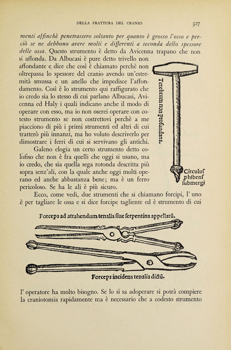 menti affinché penetrassero soltanto per quanto è grosso l'osso e per¬ ciò se ne debbono avere molti e differenti a seconda dello spessore delle ossa. Questo strumento è detto da Avicenna trapano che non si affonda. Da Albucasi è pure detto trivello non affondante e_ dice che così è chiamato perchè non oltrepassa lo spessore del cranio avendo un’estre¬ mità smussa e un anello che impedisce l’affon¬ damento. Così è lo strumento qui raffigurato che io credo sia lo stesso di cui parlano Albucasi, Avi¬ cenna ed Haly i quali indicano anche il modo di operare con esso, ma io non oserei operare con co- testo strumento se non costrettovi perchè a me piacciono di più i primi strumenti ed altri di cui tratterò più innanzi, ma ho voluto descriverlo per dimostrare i ferri di cui si servivano gli antichi. Galeno elogia un certo strumento detto co¬ lofiso che non è fra quelli che oggi si usano, ma io credo, che sia quella sega rotonda descritta più sopra senz’ali, con la quale anche oggi molti ope¬ rano ed anche abbastanza bene; ma è un ferro pericoloso. Se ha le ali è più sicuro. Ecco, come vedi, due strumenti che si chiamano forcipi, 1’ uno è per tagliare le ossa e si dice forcipe tagliente ed è strumento di cui Forceps ad atrahendum tenalia ffue ferpcntina appellatù. ^  --- Forceps inddens tenalia didu« r operatore ha molto bisogno. Se lo si sa adoperare si potrà compiere la craniotomia rapidamente ma è necessario che a codesto strumento Cìrculuf phlbenf fubmergi