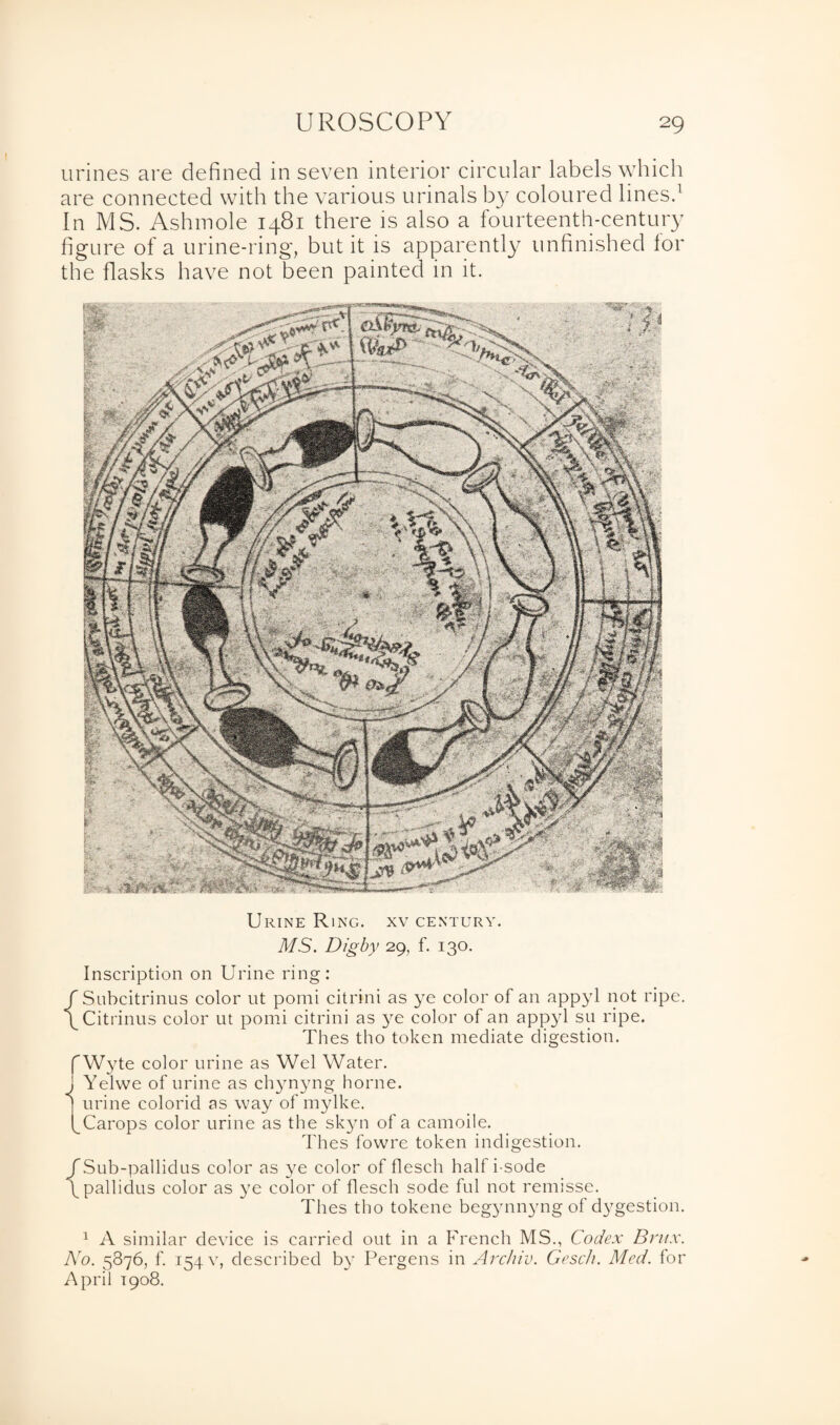 urines are defined in seven interior circular labels which are connected with the various urinals by coloured lines.1 In MS. Ashmole 1481 there is also a fourteenth-century figure of a urine-ring, but it is apparently unfinished for the flasks have not been painted in it. Urine Ring, xv century. MS. Dig by 29, f. 130. Inscription on Urine ring: f Subcitrinus color ut pomi citrini as ye color of an appyl not ripe. \Citrinus color ut pomi citrini as ye color of an appyl su ripe. Thes tho token mediate digestion. fWyte color urine as Wei Water. I Yelwe of urine as chynyng home. I urine colorid as way of mylke. ^Carops color urine as the skyn of a camoile. Thes fowre token indigestion. f Sub-pallidus color as ye color of flesch half i sode \pallidus color as ye color of flesch sode ful not remisse. Thes tho tokene begynnyng of dygestion. 1 A similar device is carried out in a French MS., Codex Brux. No. 5876, f. 154 v, described by Pergens in Archiv. Gesc/i. Med. for April 1908.