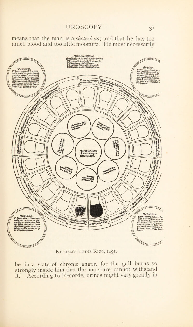 means that the man is a cholericus; and that he has too much blood and too little moisture. He must necessarily ©tmfltesdotSpferioflS »cimcnterwa! /vrf CMmcctficoa. /,'/ rojo, fobfin t ntgtc « u( 1 .diJir ruo* n iflt„ iCi f •iHUXUXMKe.piTigUijDudujI ,// misclt «dia(omno^xruJnr no 11 iulltiimlrcpijf«iino:fSniji Hon oce friudit* nmid’UjfvK^ (Mono 1 jnuuluii 1 ml)l8 .upidy* Ptmi U nn»a». Ketham’s Urine Ring, 1491. be in a state of chronic anger, for the gall burns so strongly inside him that the moisture cannot withstand it.’ According to Recorde, urines might vary greatly in