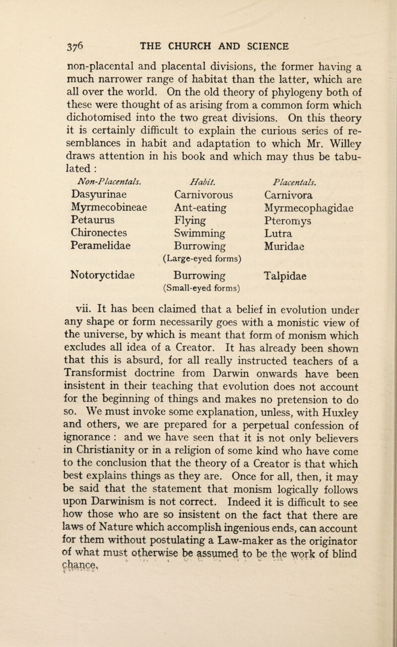 non-placental and placental divisions, the former having a much narrower range of habitat than the latter, which are all over the world. On the old theory of phylogeny both of these were thought of as arising from a common form which dichotomised into the two great divisions. On this theory it is certainly difficult to explain the curious series of re¬ semblances in habit and adaptation to which Mr. Willey draws attention in his book and which may thus be tabu¬ lated : Non-Placentals. Dasyurinae Myrmecobineae Petaurus Chironectes Peramelidae Notoryctidae Habit. Carnivorous Ant-eating Flying Swimming Burrowing (Large-eyed forms) Burrowing (Small-eyed forms) Placentals. Carnivora Myrmecophagidae Pteromys Lutra Muridae Talpidae vii. It has been claimed that a belief in evolution under any shape or form necessarily goes with a monistic view of the universe, by which is meant that form of monism which excludes all idea of a Creator. It has already been shown that this is absurd, for all really instructed teachers of a Transformist doctrine from Darwin onwards have been insistent in their teaching that evolution does not account for the beginning of things and makes no pretension to do so. We must invoke some explanation, unless, with Huxley and others, we are prepared for a perpetual confession of ignorance : and we have seen that it is not only believers in Christianity or in a religion of some kind who have come to the conclusion that the theory of a Creator is that which best explains things as they are. Once for all, then, it may be said that the statement that monism logically follows upon Darwinism is not correct. Indeed it is difficult to see how those who are so insistent on the fact that there are laws of Nature which accomplish ingenious ends, can account for them without postulating a Law-maker as the originator of what must otherwise be assumed to be the y^ork of blind chance, t; c f ■