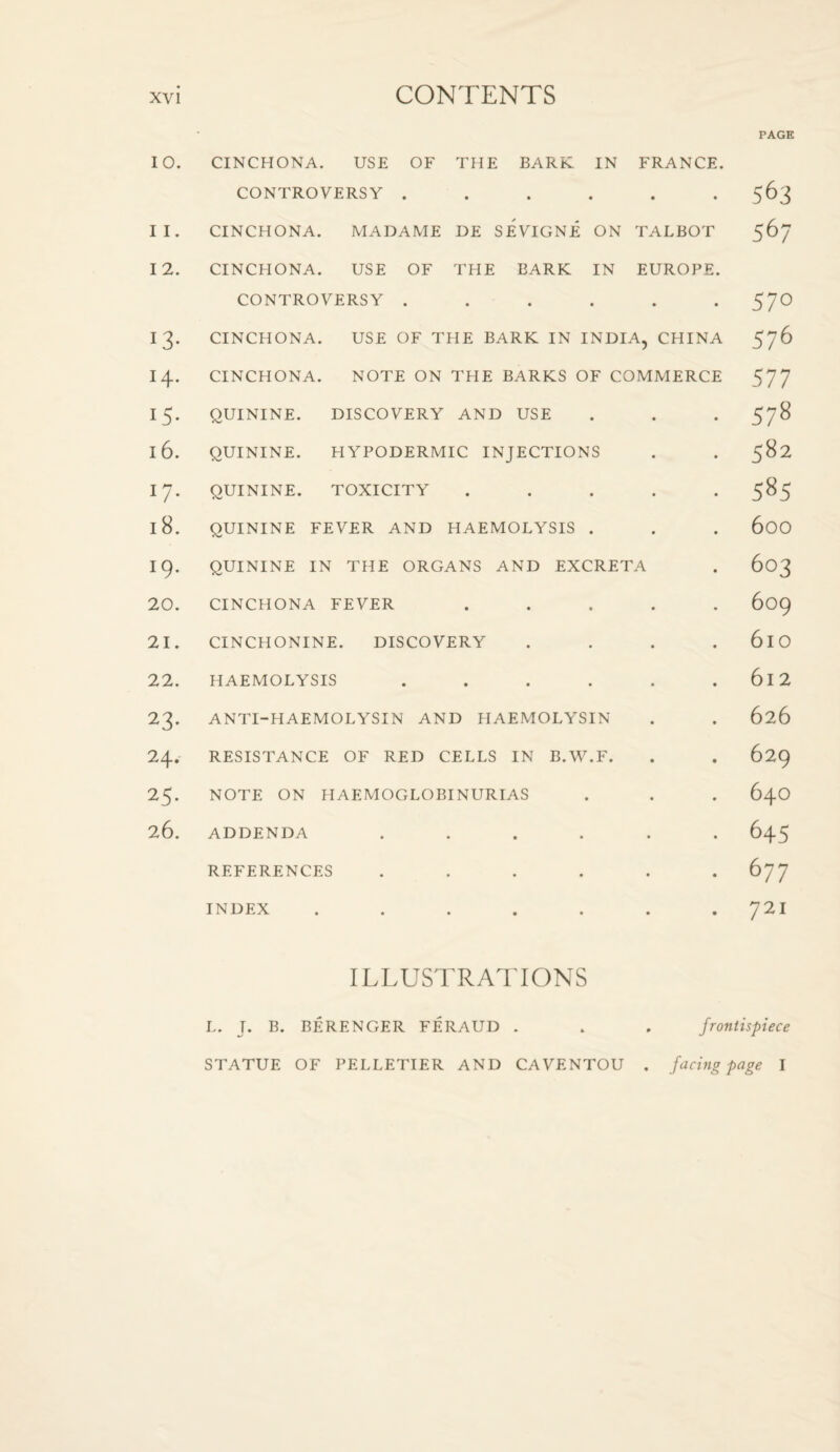 10. CINCHONA. USE OF THE BARK IN FRANCE, CONTROVERSY • • • • • • 11. CINCHONA. MADAME DE SEVIGNE ON TALBOT 12. CINCHONA. USE OF THE BARK IN EUROPE. CONTROVERSY ...... 13. CINCHONA. USE OF THE BARK IN INDIA, CHINA 14. CINCHONA. NOTE ON THE BARKS OF COMMERCE 15. QUININE. DISCOVERY AND USE 16. QUININE. HYPODERMIC INJECTIONS 17. QUININE. TOXICITY . . . . . 18. QUININE FEVER AND HAEMOLYSIS . 19. QUININE IN THE ORGANS AND EXCRETA 20. CINCHONA FEVER . 21. CINCHONINE. DISCOVERY . . . . 22. HAEMOLYSIS ...... 23. ANTI-H AEMOLYSIN AND HAEMOLYSIN 24. RESISTANCE OF RED CELLS IN B.W.F. 25. NOTE ON HAEMOGLOBI NURIAS 26. ADDENDA ...... REFERENCES ...... INDEX ....... PAGE 563 567 570 576 577 578 582 585 600 603 609 6l0 6l2 626 629 64O 645 6 77 721 ILLUSTRATIONS L. J. B. BERENGER FERAUD . STATUE OF PELLETIER AND CAVENTOU frontispiece facing page I