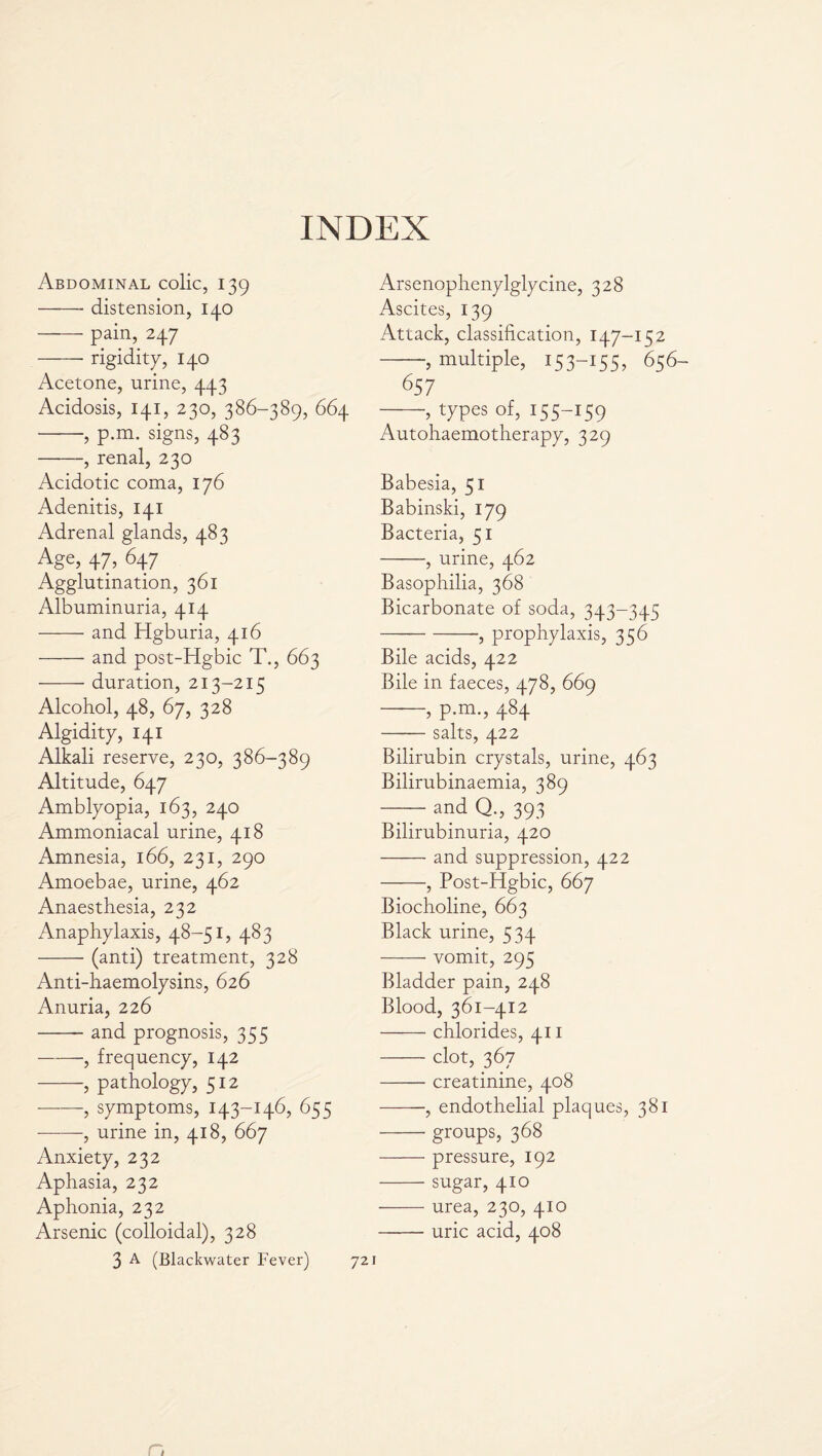 INDEX Abdominal colic, 139 -distension, 140 —— pain, 247 -rigidity, 140 Acetone, urine, 443 Acidosis, 141, 230, 386-389, 664 -, p.m. signs, 483 --, renal, 230 Acidotic coma, 176 Adenitis, 141 Adrenal glands, 483 Age, 47, 647 Agglutination, 361 Albuminuria, 414 -and Hgburia, 416 -and post-Hgbic T., 663 --duration, 213-215 Alcohol, 48, 67, 328 Algidity, 141 Alkali reserve, 230, 386-389 Altitude, 647 Amblyopia, 163, 240 Ammoniacal urine, 418 Amnesia, 166, 231, 290 Amoebae, urine, 462 Anaesthesia, 232 Anaphylaxis, 48-51, 483 -(anti) treatment, 328 Anti-haemolysins, 626 Anuria, 226 -and prognosis, 355 -—, frequency, 142 -, pathology, 512 -, symptoms, 143-146, 655 -—-—, urine in, 418, 667 Anxiety, 232 Aphasia, 232 Aphonia, 232 Arsenic (colloidal), 328 3 A (Blackwater Fever) 72 Arsenophenylglycine, 328 Ascites, 139 Attack, classification, 147-152 -, multiple, 153-155, 656 657 -, types of, 155-159 Autohaemotherapy, 329 Babesia, 51 Babinski, 179 Bacteria, 51 -, urine, 462 Basophilia, 368 Bicarbonate of soda, 343-345 --, prophylaxis, 356 Bile acids, 422 Bile in faeces, 478, 669 -, p.m., 484 -salts, 422 Bilirubin crystals, urine, 463 Bilirubinaemia, 389 — and Q., 393 Bilirubinuria, 420 -and suppression, 422 -, Post-Hgbic, 667 Biocholine, 663 Black urine, 534 -vomit, 295 Bladder pain, 248 Blood, 361-412 -chlorides, 411 -clot, 367 -creatinine, 408 -, endothelial plaques, 381 -groups, 368 -pressure, 192 -sugar, 410 -urea, 230, 410 -uric acid, 408