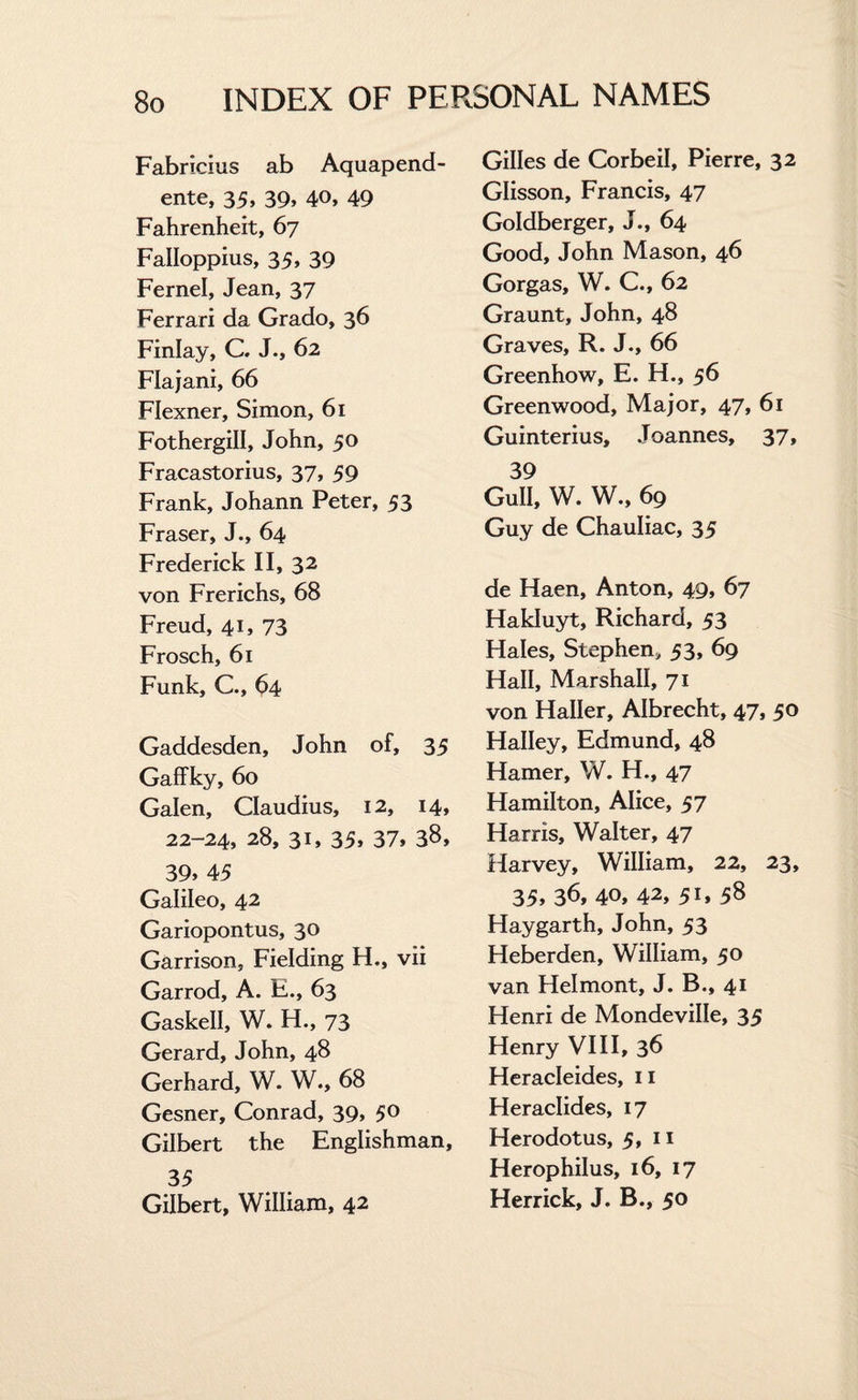 Fabricius ab Aquapend- ente, 35, 39> 4<>, 49 Fahrenheit, 67 Falloppius, 35, 39 Fernel, Jean, 37 Ferrari da Grado, 36 Finlay, C. J., 62 Flajani, 66 Flexner, Simon, 61 Fothergill, John, 50 Fracastorius, 37, 59 Frank, Johann Peter, 53 Fraser, J., 64 Frederick II, 32 von Frerichs, 68 Freud, 41, 73 Frosch, 61 Funk, C., 64 Gaddesden, John of, 35 Gaffky, 60 Galen, Claudius, 12, 14, 22-24, 28, 31, 35. 37, 38, 39, 45 Galileo, 42 Gariopontus, 30 Garrison, Fielding H., vii Garrod, A. E., 63 Gaskell, W. H., 73 Gerard, John, 48 Gerhard, W. W., 68 Gesner, Conrad, 39, 50 Gilbert the Englishman, 35 Gilbert, William, 42 Gilles de Corbeil, Pierre, 32 Glisson, Francis, 47 Goldberger, J., 64 Good, John Mason, 46 Gorgas, W. C., 62 Graunt, John, 48 Graves, R. J., 66 Greenhow, E. H., 56 Greenwood, Major, 47, 61 Guinterius, Joannes, 37, 39 Gull, W. W., 69 Guy de Chauliac, 35 de Haen, Anton, 49, 67 Hakluyt, Richard, 53 Hales, Stephen, 53, 69 Hall, Marshall, 71 von Haller, Albrecht, 47, 50 Halley, Edmund, 48 Hamer, W. H., 47 Hamilton, Alice, 57 Harris, Walter, 47 Harvey, William, 22, 23, 35, 36, 40, 42, 5i» 58 Haygarth, John, 53 Heberden, William, 50 van Helmont, J. B., 41 Henri de Mondeville, 35 Henry VIII, 36 Heracleides, 11 Heraclides, 17 Herodotus, 5, 11 Herophilus, 16, 17 Herrick, J. B., 50