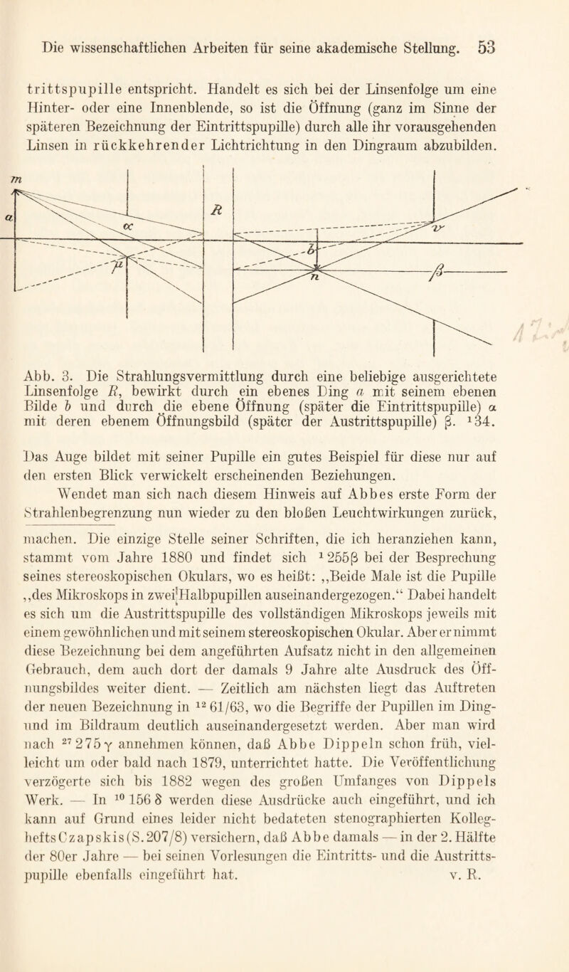 trittspiipille entspricht. Handelt es sich bei der Linsenfolge um eine Hinter- oder eine Innenblende, so ist die Offnung (ganz im Sinne der spateren Bezeichmmg der Eintrittspupille) durch alle ihr vorausgehenden Linsen in riickkehrender Lichtrichtung in den Dingraum abzubilden. m Abb. 3. Die Strahlungsvermittlung durch eine beliebige ausgerichtete Linsenfolge 7?, bewirkt durch ein ebenes Ding a mit seinem ebenen Bilde h und durch die ebene Offnung (spater die Eintrittspupille) a mit deren ebenem Offnungsbild (spater der Austrittspupille) ^34. Das Auge bildet mit seiner Pupille ein gutes Beispiel fiir diese nur auf den ersten Blick verwickelt erscheinenden Beziehungen. Wendet man sich nach diesem Hinweis auf Abbes erste Form der Strahlenbegrenzung nun wieder zu den blohen Leuchtwirkungen zuriick, machen. Die einzige Stelle seiner Schriften, die ich heranziehen kann, stammt vom Jahre 1880 und findet sich ^ 256(3 bei der Besprechung seines stereoskopischen Okulars, wo es heifit: ,,B6ide Male ist die Pupille ,,des Mikroskops in zwei*Halbpupillen auseinandergezogen.“ Dabei handelt es sich um die Austrittspupille des vollstandigen Mikroskops jeweils mit einem gewohnlichen und mit seinem stereoskopischen Okular. Aber ernimmt diese Bezeichnung bei dem angefiihrten Aufsatz nicht in den allgemeinen Gebrauch, dem auch dort der damals 9 Jahre alte Ausdruck des Off- nungsbildes weiter dient. — Zeitlich am nachsten liegt das Auftreten der neuen Bezeichnung in 61/63, wo die Begriffe der Pupillen im Ding- iind im Bildraum deutlich auseinandergesetzt werden, Aber man wird iiach 2’275y annehmen konnen, dafi Abbe Dippeln schon friih, viel- leicht um oder bald nach 1879, unterrichtet hatte. Die Veroffentlichung verzogerte sich bis 1882 wegen des grolien ITmfanges von Dip pels Werk. — In 156 8 werden diese Ausdriicke auch eingefiihrt, und ich kann auf Grund eines leider nicht bedateten stenographierten Kolleg- })eftsCzapskis(S.207/8) versichern, dab Abbe damals — in der 2. Hiilfte der 80er Jahre — bei seinen Vorlesungen die Eintritts- und die Austritts¬ pupille ebenfalls eingefiihrt hat. v. E.