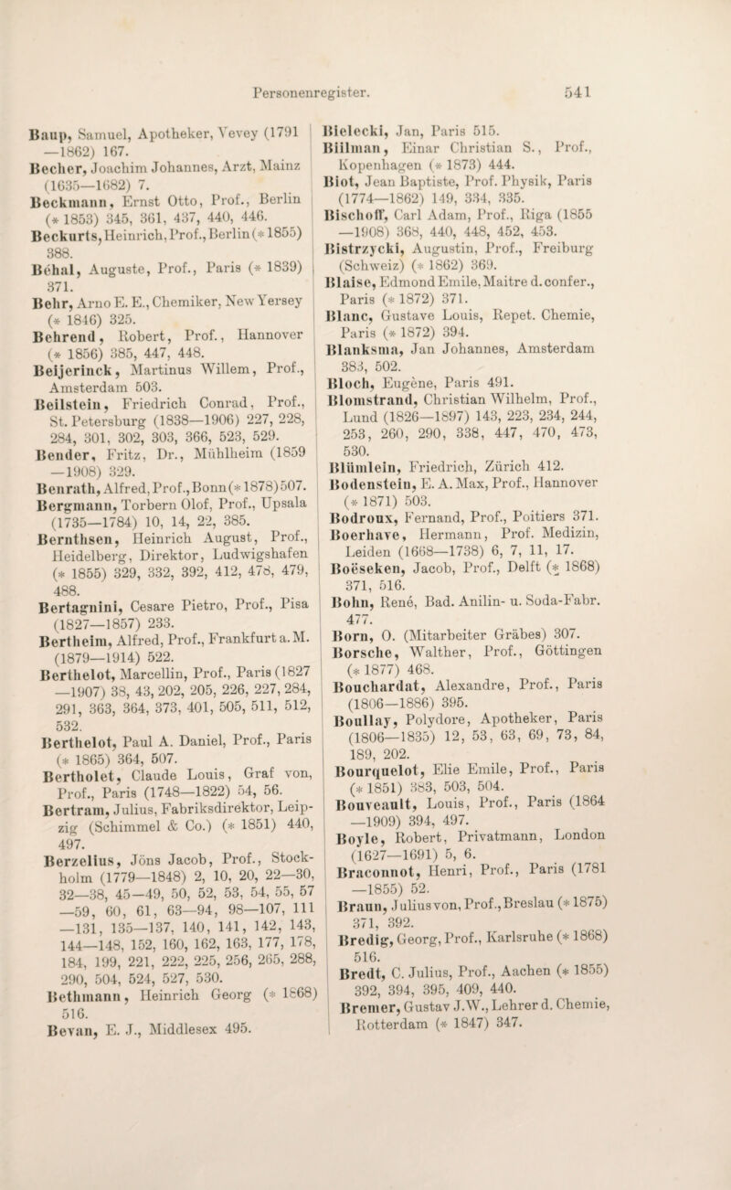 Baup, Samuel, Apotheker, Vevey (1791 —1862) 167. Becher, Joachim Johannes, Arzt, Mainz (1635—1682) 7. Beckmann, Ernst Otto, Prof., Berlin (* 1853) 345, 361, 437, 440, 446. Beckurts, Heinrich, Prof., Berlin (* 185;>) 388. Behal, Auguste, Prof., Paris (* 1839) 371. Behr, Arno E. E., Chemiker, New \ ersey (* 1846) 325. Behrend, Robert, Prof., Hannover (* 1856) 385, 447, 448. Beijerinck, Martinus Willem, Prof., Amsterdam 503. Beilstein, Friedrich Conrad, Prof., St. Petersburg (1838—1906) 227,228, 284, 301, 302, 303, 366, 523, 529. Bender, Fritz, Dr., Mühlheim (1859 — 1908) 329. Benrath, Alfred, Prof., Bonn (* 1878) 507. Bergmann, Torbern Olof, Prof., Upsala (1735—1784) 10, 14, 22, 385. Bernthsen, Heinrich August, Prof., Heidelberg, Direktor, Ludwigshafen (* 1855) 329, 332, 392, 412, 478, 479, 488. Bertagnini, Cesare Pietro, Prof., Pisa (1827—1857) 233. Bertheim, Alfred, Prof., Frankfurt a.M. (1879—1914) 522. Berthelot, Marcellin, Prof., Paris (1827 —1907) 38, 43, 202, 205, 226, 227, 284, 291, 363, 364, 373, 401, 505, 511, 512, 532. Berthelot, Paul A. Daniel, Prof., Paris (* 1865) 364, 507. Bertholet, Claude Louis, Graf von, Prof., Paris (1748—1822) 54, 56. Bertram, Julius, Fabriksdirektor, Leip¬ zig (Schimmel & Co.) (* 1851) 440, 497. Berzelius, Jöns Jacob, Prof., Stock¬ holm (1779—1848) 2, 10, 20, 22 30, 32—38, 45—49, 50, 52, 53, 54, 55, 57 —59, 60, 61, 63—94, 98—107, 111 —131, 135—137, 140, 141, 142, 143, 144—148, 152, 160, 162, 163, 177, 178, 184, 199, 221, 222, 225, 256, 265, 288, 290, 504, 524, 527, 530. Bethmann, Heinrich Georg (* 1868) 516. Bevan, E. J., Middlesex 495. Bielecki, Jan, Paris 515. ßiilman, Einar Christian S., Prof., Kopenhagen (* 1873) 444. Biot, Jean Baptiste, Prof. Physik, Paris (1774—1862) 149, 334, 335. Bischof!) Carl Adam, Prof., Riga (1855 —1908) 368, 440, 448, 452, 453. Bistrzycki, Augustin, Prof., Freiburg (Schweiz) (* 1862) 369. Blaise, Edmond Emile, Maitre d. confer., Paris (* 1872) 371. Blanc, Gustave Louis, Repet. Chemie, Paris (* 1872) 394. Blanksma, Jan Johannes, Amsterdam 383, 502. Bloch, Eugene, Paris 491. Blomstrand, Christian Wilhelm, Prof., Lund (1826—1897) 143, 223, 234, 244, 253, 260, 290, 338, 447, 470, 473, 530. Blümlein, Friedrich, Zürich 412. Bodensteiu, E. A. Max, Prof., Hannover (* 1871) 503. Bodroux, Fernand, Prof., Poitiers 371. Boerhave, Hermann, Prof. Medizin, Leiden (1668—1738) 6, 7, 11, 17. Boeseken, Jacob, Prof., Delft (* 1868) 371, 516. Bohn, Rene, Bad. Anilin- u. Soda-Fabr. 477. Born, 0. (Mitarbeiter Grabes) 307. Borsche, Walther, Prof., Göttingen (* 1877) 468. Bouchardat, Alexandre, Prof., Paris (1806—1886) 395. Boullay, Polydore, Apotheker, Paris (1806—1835) 12, 53, 63, 69, 73, 84, 189, 202. Bourquelot, Elie Emile, Prof., Paris (* 1851) 383, 503, 504. Bouveault, Louis, Prof., Paris (1864 —1909) 394, 497. Boyle, Robert, Privatmann, London (1627—1691) 5, 6. Braconnot, Henri, Prof., Paris (1781 —1855) 52. Braun, Julius von, Prof., Breslau (*1875) 371, 392. Bredig, Georg, Prof., Karlsruhe (* 1868) 516. Bredt, C. Julius, Prof., Aachen (* 1855) 392, 394, 395, 409, 440. Bremer, Gustav J.W., Lehrer d. Chemie, Rotterdam (* 1847) 347.