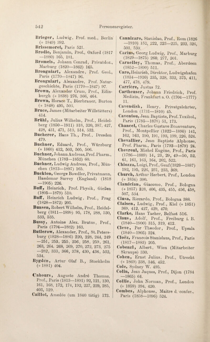 Brieger, Ludwig, Prof, med., Berlin (* 1849) 392. Brissemoret, Paris 521. Brodie, Benjamin, Prof., Oxford (1817 —1880) 165, 181. Bromeis, Johann Conrad, Privatdoz., Marburg (1820—1862) 165. Brongniart, Alexandre, Prof. Geol., Paris (1770—1347) 96. Brongniart, Alexandre, Prof. Natur¬ geschichte, Paris (1770—1847) 97. Brown, Alexander Crum, Prof., Edin¬ burgh (* 1838) 276, 366, 464. Brown, Horace T., Bierbrauer, Burton (* 1848) 495, 503. Bruce, James (Mitarbeiter Willstätters) 414. Brühl, Julius Wilhelm, Prof., Heidel¬ berg (1850-1911) 318, 320, 387, 427, 428, 431, 471, 513, 514, 533. Bucherer, Hans Th., Prof., Dresden 479. Büchner, Eduard, Prof., Würzburg (* 1860) 412, 503, 505, 506. Büchner, J ohann Andreas, Prof. Pharm., München (1783—1852) 60. Büchner, Ludwig Andreas, Prof., Mün¬ chen (1813—1897) 165. Buckton, George Bowdler, Privatmann, Hasslemar Surrey (England) (1818 —1905) 226. Buff,. Heinrich, Prof. Physik, Gießen (1805—1879) 510. Buff, Heinrich Ludwig, Prof., Prag (1828—1872) 205. Bunsen, Robert Wilhelm, Prof., Heidel¬ berg (1811—1899) 95, 178, 288, 530, 533, 535. Bussy, Antoine Alex. Brutus, Prof., Paris (1794—1882) 163. Butlerow, Alexander, Prof., St. Peters¬ burg (1828—1886) 220, 228, 244, 249 —251, 253, 255, 256, 258, 259, 261, 263, 264, 268, 269, 270, 272, 273, 275 —282, 333, 366, 378, 430, 436, 532, ' 534. Bygden, Artur Olaf B., Stockholm (* 1881) 404. Cahours, Auguste Andre Thomas, Prof., Paris (1813—1891) 92, 121, 130, 161, 168, 172, 174, 192, 227, 229, 285, 403, 529. Caillot, Amedee (um 1840 tätig) 173. Cannizaro, Stanislao, Prof., Rom (1826 —1910) 152, 222, 223—225, 232, 326, 501, 530. Carius, Georg Ludwig, Prof., Marburg (1829—1875) 260, 277, 301. | Carnelley, Thomas, Prof., Aberdeen (1852—1890) 511. Caro,Heinrich, Direktor, Ludwigshafen (1834—1910) 235, 328, 332, 375, 411, 477, 478, 479. Carriere, Justus 72. Cartheuser, Johann Friedrich, Prof. Medizin, Frankfurt a. 0. (1704—1777) 11. Cavendish, Henry, Privatgelehrter, London (1731—1810) 45. Caventou, Jean Baptiste, Prof. Toxikol., Paris (1795—1878) 51, 173. Chancel, Charles Gustave Bonaventure, Prof., Montpellier (1822—1890) 141, 162, 163, 190, 191, 193, 199, 226, 524. Chevallier, Jean Baptiste Alphonse, Prof. Pharm., Paris (1793—1879) 24. Chevreul, Michel Eugene, Prof., Paris (1786—1889) 14, 23, 29, 49-50, 52, 61, 161, 163, 164, 202, 522. Chiozza, Luigi, Prof., Genf (1828—1887) 192, 195, 226, 231, 233, 369. Church, Arthur Herbert, Prof., London (* 1834) 300. Ciamician, Giacomo, Prof., Bologna (* 1857) 328, 406, 435, 455, 456, 458, 507, 534. Ciusa, Riccardo, Prof., Bologna 388. Claisen, Ludwig, Prof., Kiel (* 1851) 369, 412, 427, 429, 470. Clarke, Hans Tacher, Belfast 516. Claus, Adolf, Prof., Freiburg i. B. (1840—1900) 315, 319, 412. Cleve, Per Theodor, Prof., Upsala (1840—1905) 324. Cloez, Francois Stanislaus, Prof., Paris (1817—1883) 205. Cobenzl, Albert, Wien (Mitarbeiter Skraups) 330. Cohen, Ernst Julius, Prof., Utrecht (* 1869) 338, 346, 452. Cole, Sydney W. 495. Colin, Jean Jaques, Prof., Dijon (1784 —1865) 64. Collie, John Norman, Prof., London (* 1859) 394, 420. Combes, Alphonse, Maitre d. confer., Paris (1858—1896) 524.