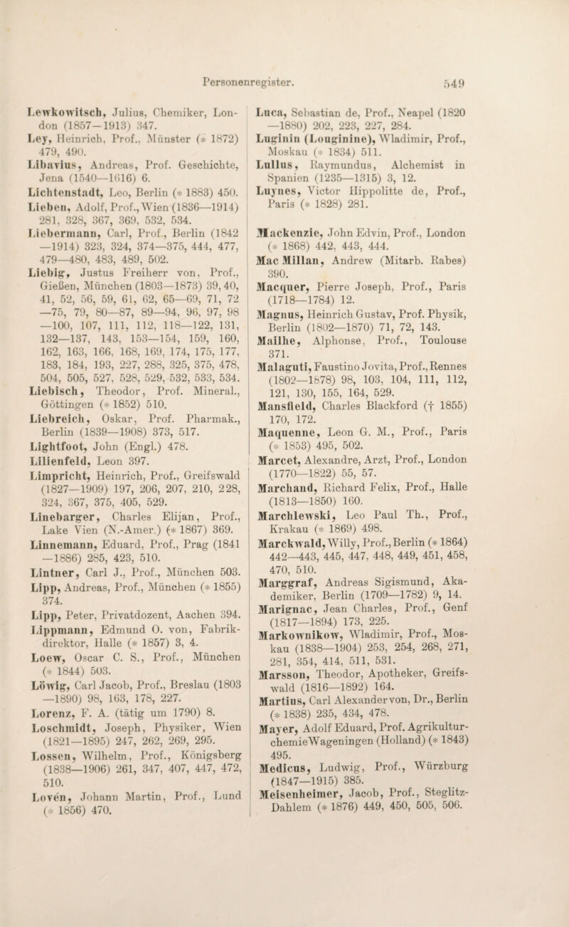 Lewkowitsch, Julius, Chemiker, Lon¬ don (1857-1913) 347. Ley, Heinrich, Prof., Münster (* 1872) 479, 490. Libavius, Andreas, Prof. Geschichte, Jena (1540—1016) 6. Lichtenstadt, Leo, Berlin (* 1883) 450. Lieben, Adolf, Prof., Wien (1836—1914) 281, 328, 367, 369, 532, 534. Liebermann, Carl, Prof., Berlin (1842 —1914) 323, 324, 374—375, 444, 477, 479—480, 483, 489, 502. Liebig, Justus Freiherr von, Prof., Gießen, München (1803—1873) 39, 40, 41, 52, 56, 59, 61, 62, 65—69, 71, 72 —75, 79, 80—87, 89—94, 96, 97, 98 —100, 107, 111, 112, 118—122, 131, 132—137, 143, 153—154, 159, 160, 162, 163, 166. 168, 169, 174, 175, 177, 183, 184, 193, 227, 288, 325, 375, 478, 504, 505, 527, 528, 529, 532, 533, 534. Liebisch, Theodor, Prof. Mineral., Göttingen (* 1852) 510. Liebreich, Oskar, Prof. Pharmak., Berlin (1839—1908) 373, 517. Lightfoot, John (Engl.) 478. Lilienfeld, Leon 397. Limpricht, Heinrich, Prof., Greifswald (1827—1909) 197, 206, 207, 210, 228, 324, 367, 375, 405, 529. Linebarger, Charles Elijan, Prof., Lake Vien (N.-Amer.) (* 1867) 369. Linnemann, Eduard, Prof., Prag (1841 — 1886) 285, 423, 510. Lintner, Carl J., Prof., München 503. Lipp, Andreas, Prof., München (* 1855) 374. Lipp, Peter, Privatdozent, Aachen 394. Lippmann, Edmund 0. von, Fabrik¬ direktor, Halle (* 1857) 3, 4. Loew, Oscar C. S., Prof., München (* 1844) 503. Löwig, Carl Jacob, Prof., Breslau (1803 —1890) 98, 163, 178, 227. Lorenz, F. A. (tätig um 1790) 8. LoSchmidt, Joseph, Physiker, Wien (1821—1895) 247, 262, 269, 295. Lossen, Wilhelm, Prof., Königsberg (1838—1906) 261, 347, 407, 447, 472, 510. Loven, Johann Martin, Prof., Lund (* 1856) 470. Luca, Sebastian de, Prof., Neapel (1820 —1880) 202, 223, 227, 284. ‘ Luginin (Louginine), Wladimir, Prof., Moskau (* 1834) 511. Lullus, Raymundus, Alchemist in Spanien (1235—1315) 3, 12. Luynes, Victor Hippolitte de, Prof., Paris (* 1828) 281. Ulackenzie, John Edvin, Prof., London (* 1868) 442, 443, 444. MacMillan, Andrew (Mitarb. Rabes) 390. Macquer, Pierre Joseph, Prof., Paris (1718—1784) 12. Magnus, Heinrich Gustav, Prof. Physik, Berlin (1802—1870) 71, 72, 143. Maillie, Alphonse, Prof., Toulouse 371. Malaguti, Faustino Jovita, Prof., Rennes (1802—1878) 98, 103, 104, 111, 112, 121, 130, 155, 164, 529. Mansfield, Charles Blackford (f 1855) 170, 172. Maquenne, Leon G. M., Prof., Paris (* 1853) 495, 502. Marcet, Alexandre, Arzt, Prof., London (1770—1822) 55, 57. Marchand, Richard Felix, Prof., Halle (1813—1850) 160. Marchlewski, Leo Paul Th., Prof., Krakau (* 1869) 498. Marckwald, Willy, Prof., Berlin (* 1864) 442—443, 445, 447, 448, 449, 451, 458, 470, 510. Marggraf, Andreas Sigismund, Aka¬ demiker, Berlin (1709—1782) 9, 14. Marignac, Jean Charles, Prof., Genf (1817—1894) 173, 225. Markownikow, Wladimir, Prof., Mos¬ kau (1838—1904) 253, 254, 268, 271, 281, 354, 414, 511, 531. Marsson, Theodor, Apotheker, Greifs¬ wald (1816—1892) 164. Martius, Carl Alexandervon, Dr., Berlin (* 1838) 235, 434, 478. Mayer, Adolf Eduard, Prof. Agrikultur- chemie Wagenin gen (Holland) (* 1843) 495. Medicus, Ludwig, Prof., Würzburg (1847—1915) 385. Meisenheimer, Jacob, Prof., Steglitz- Dahlem (* 1876) 449, 450, 505, 506.