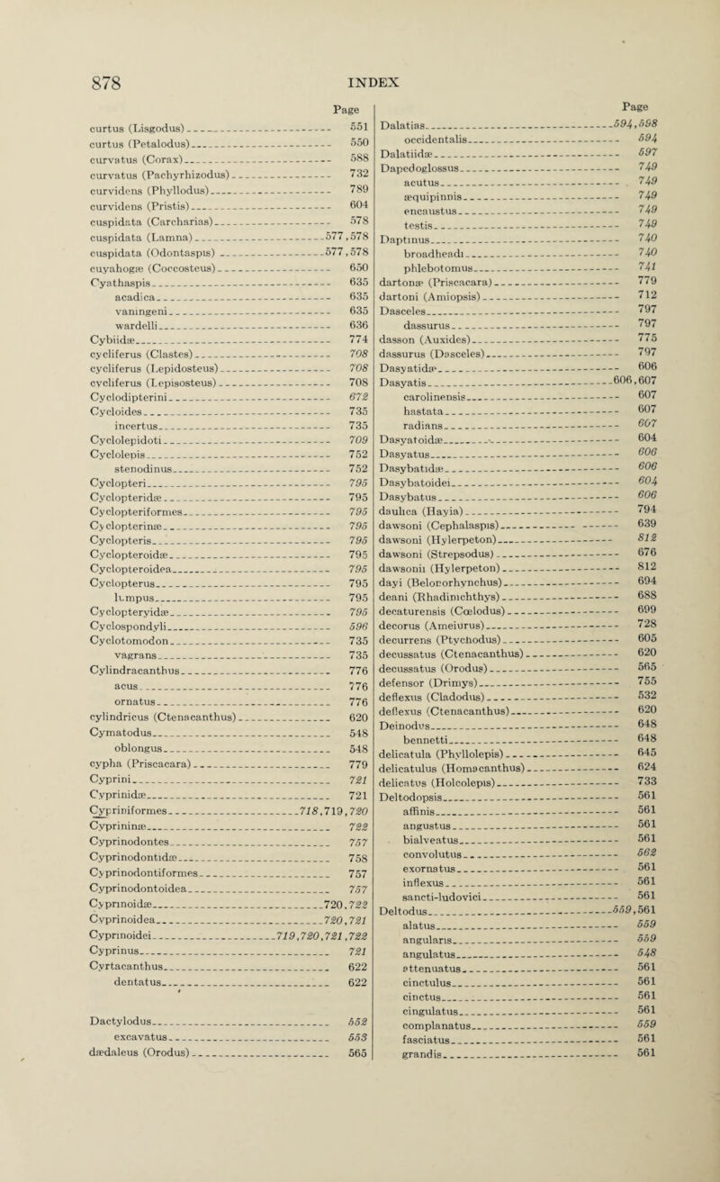 curtus (Lisgodus)- curtus (Petalodus)_ curvatus (Corax)- curvatus (Pachyrhizodus) _ curvidens (Phyllodus)- curvidens (Pristis)- cuspidr.ta (Carcharias)- cuspidata (Lamna)_ cuspidata (Odontaspis) — cuyahogfe (Coccosteus)- Cyathaspis_ acadica_ vaningeni_ wardelli_ Cybiid®_ cycliferus (Clastes)_ cycliferus (I.epidosteus)_ cycliferus (Lepisosteus)- Cyclodipterini_ Cycloides_ incertus_ Cyclolepidoti_ Cyclolepis_ stenodinus_ Cyclopteri_ Cyclopteridse_ Cyclopteriformes- Cy cloptcrinse_ Cyolopteris_ Cyclopteroid®_ Cyclopteroidea_ Cyclopterus_ Icmpus_ Cyclopteryid®_ Cyclospondyli_ Cyclotomodon_ Vagrans_ Cylindracanthus_ acus_ ornatus_ cylindricus (Ctenacanthus) Cymatodus_ oblongus_ cypha (Priscacara)_ Cyprini_ Cyprinidre_ Cypriniformes_ Cyprinin®_ Cyprinodontes_ Cyprinodontidse_ Cy prinodontif ormes_ Cyprinodontoidea_ Cypnnoid®_ Cvprinoidea_ Cypnnoidei_ Cyprinus_ Cyrtacanthus_ dentatus_ Page _ 551 _ 550 _ 588 _ 732 _ 789 _ 604 _ 578 _577,578 _577,578 _ 650 _ 635 _ 635 _ 635 _ 636 _ 774 _ 708 _ 708 _ 708 _ 672 - 735 - 735 - 709 - 752 _ 752 - 795 - 795 _ 795 - 795 _ 795 _ 795 _ 795 _ 795 - 795 _ 795 _ 596 _ 735 _ 735 _ 776 - 776 - 776 _ 620 _ 548 - 548 _ 779 _ 721 _ 721 _718,719,720 _ 722 _ 757 - 758 - 757 _ 757 _720,722 _720,721 719,720,721,722 _ 721 _ 622 _ 622 Dactylodus_ 552 excavatus_ 553 d®daleus (Orodus)_ 565 Page Dalatias_594 f 5S9 occidentalis_ 594 Dalatiid®_ 597 Dapedoglossus_ 749 acutus_ 749 Epquipinnis_ 749 encaustus_ 749 testis_ 749 Daptinus_ 740 broadheadi_ 740 phlebotomus_ 741 dartona* (Priscacara)- 779 dartoni (Amiopsis)_ 712 Dasceles_ 797 dassurus_ 797 dasson (Auxides)_ ”75 dassurus (Dasceles)_ 797 Dasyatidsp_ ^06 Dasyatis_606,607 carolinensls_ 607 hastata_ 607 radians_ Dasyatoid®- 604 Dasyatus_ Dasybatid®_ Dasybatoidei_ ^^4 Dasybatus_ ^06 dauhca (Hayia)_ 794 dawsoni (Cephalaspis)- 639 dawsoni (Ilylerpeton)_ ^1^ dawsoni (Strepsodus)- 676 dawsonii (Hylerpeton)- 812 dayi (Belocorhynchus)_ 694 deani (Rhadinichthys)- 688 decaturensis (Coelodus)- 699 decorus (Ameiurus)_ 728 decurrens (Ptychodus)_ 605 decussatus (Ctenacanthus)- 620 decussatus (Orodus)_ 665 defensor (Drimys)_ 755 deflexus (Cladodus)_ 532 defiexus (Ctenacanthus)- 620 Deinodus_ 648 bennetti_ 648 delicatula (Phyllolepis)- 645 delicatulus (Homacanthus)- 624 delicatus (Holcolepis)_ 733 Deltodopsis_ 561 affinis_ 561 angustus_ 561 bialveatus_ 561 convolutus_ 502 exornatus_ 561 inflexus_ 561 sancti-ludovici_ 561 Deltodus_559,561 alatus_ 559 angulans_ 559 angulatus_ 548 attenuatus_ 561 cinctulus_ 561 cinctus_ 561 cingulatus_ 561 complanatus_ 559 fasciatus_ 561 grand is_ 561